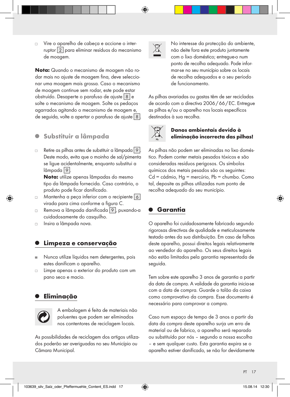 Substituir a lâmpada, Limpeza e conservação, Eliminação | Garantia | Silvercrest Z31738/Z31738A/ Z31738B/Z31738C User Manual | Page 17 / 28