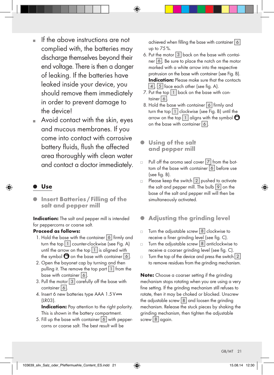 Using of the salt and pepper mill, Adjusting the grinding level | Silvercrest Z31738/Z31738A/ Z31738B/Z31738C User Manual | Page 21 / 28