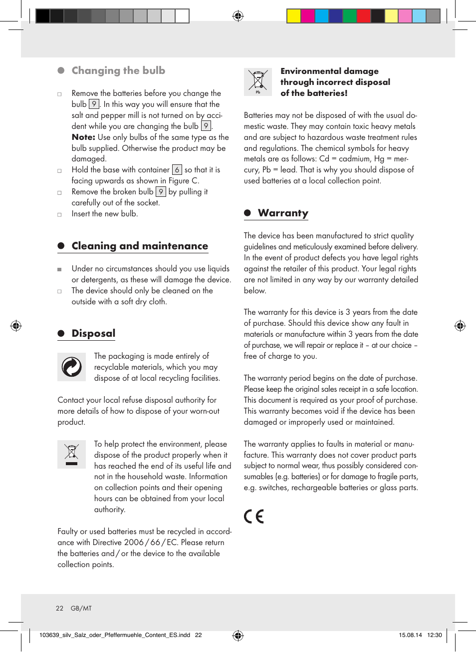 Changing the bulb, Cleaning and maintenance, Disposal | Warranty | Silvercrest Z31738/Z31738A/ Z31738B/Z31738C User Manual | Page 22 / 28