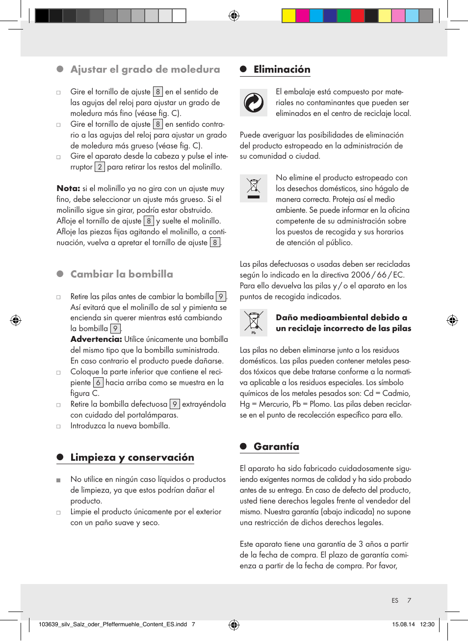 Ajustar el grado de moledura, Cambiar la bombilla, Limpieza y conservación | Eliminación, Garantía | Silvercrest Z31738/Z31738A/ Z31738B/Z31738C User Manual | Page 7 / 28