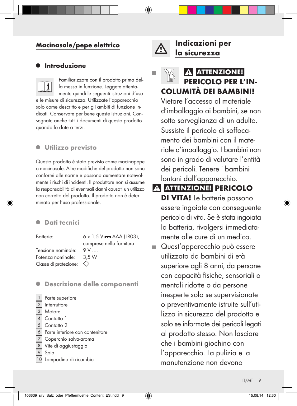 Indicazioni per la sicurezza, Attenzione | Silvercrest Z31738/Z31738A/ Z31738B/Z31738C User Manual | Page 9 / 28