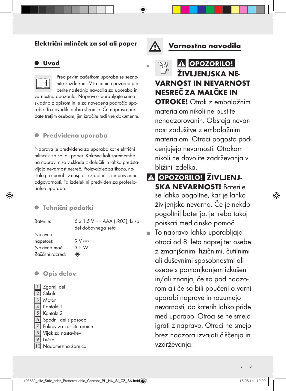 Varnostna navodila, Opozorilo | Silvercrest Z31738/Z31738A/ Z31738B/Z31738C User Manual | Page 17 / 35