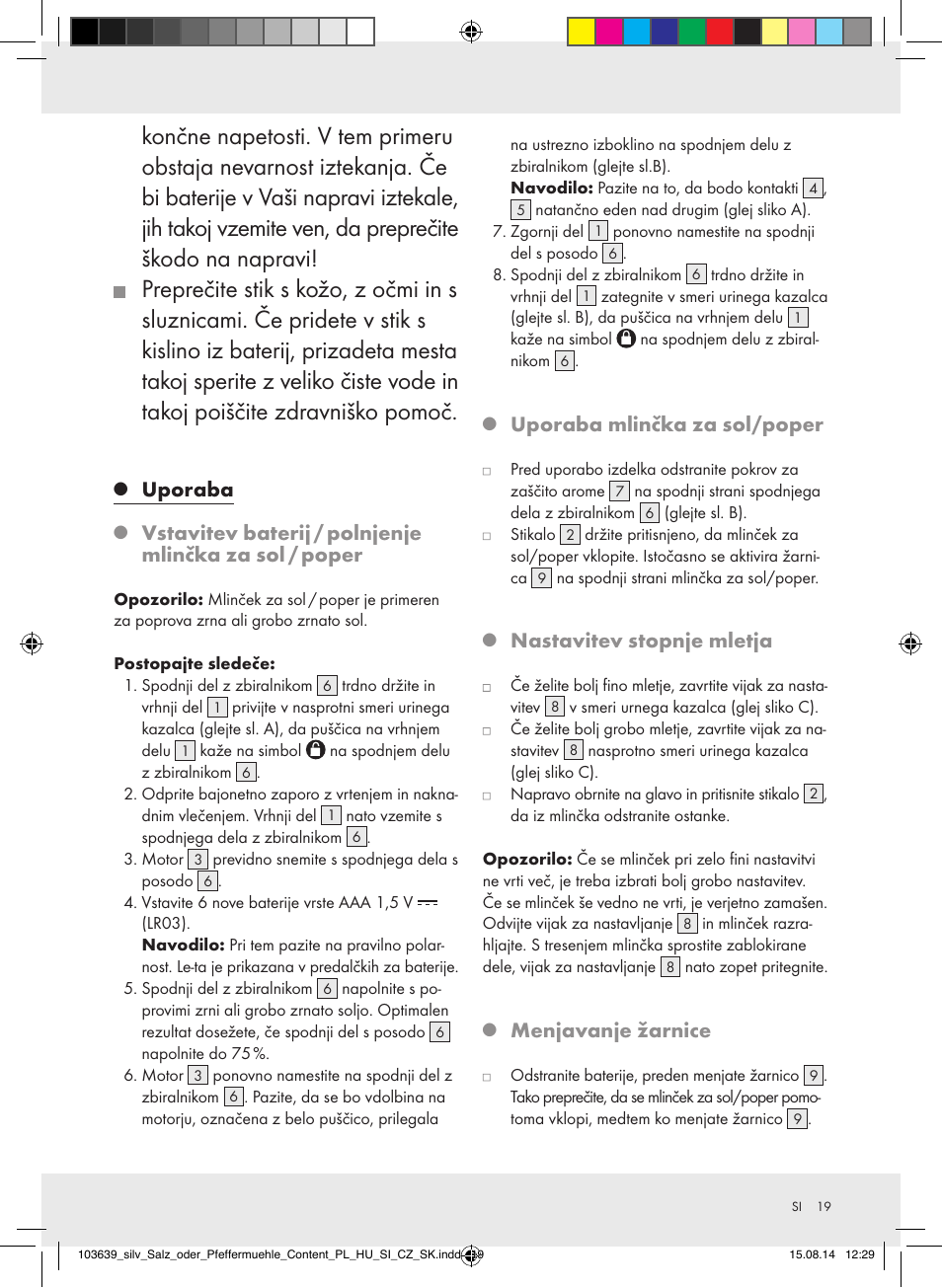 Uporaba, Uporaba mlinčka za sol/poper, Nastavitev stopnje mletja | Menjavanje žarnice | Silvercrest Z31738/Z31738A/ Z31738B/Z31738C User Manual | Page 19 / 35