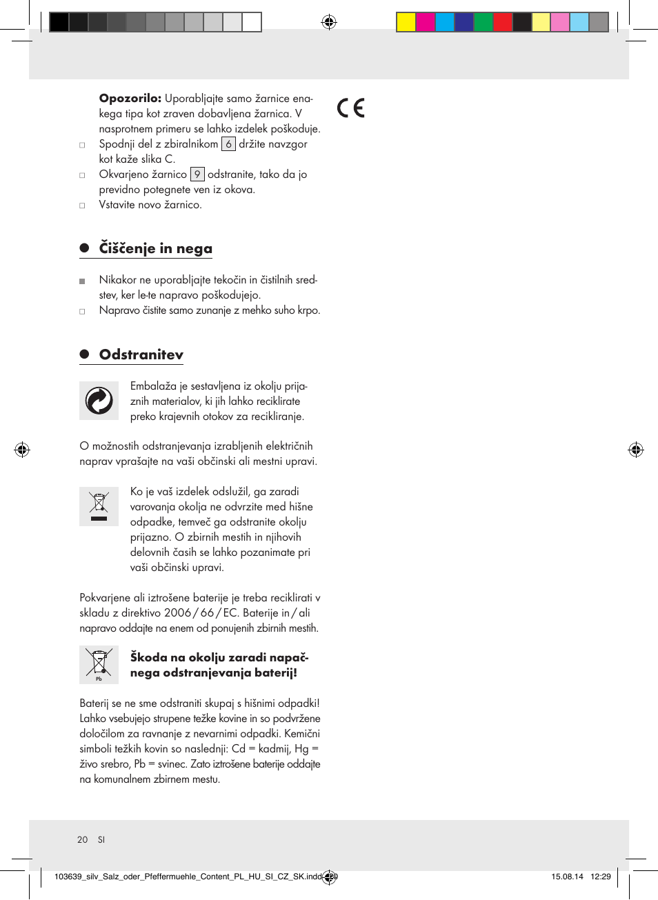 Čiščenje in nega, Odstranitev | Silvercrest Z31738/Z31738A/ Z31738B/Z31738C User Manual | Page 20 / 35