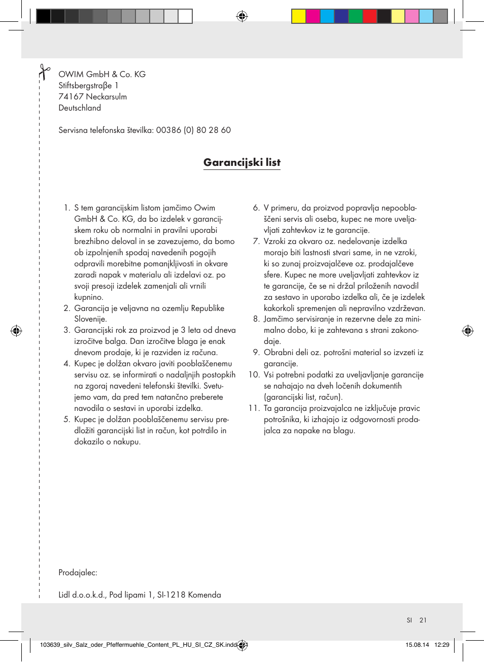 Garancijski list | Silvercrest Z31738/Z31738A/ Z31738B/Z31738C User Manual | Page 21 / 35