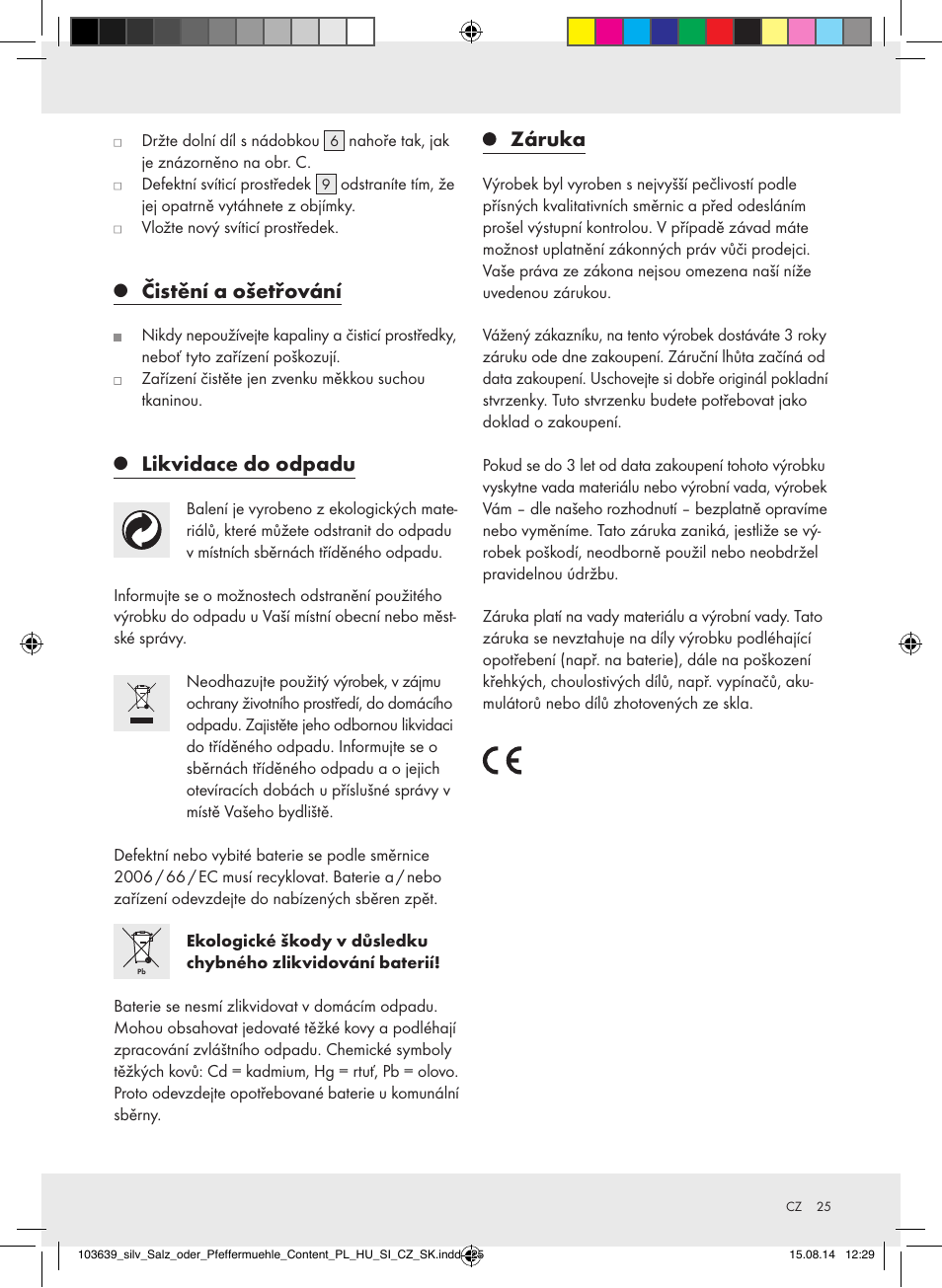 Čistění a ošetřování, Likvidace do odpadu, Záruka | Silvercrest Z31738/Z31738A/ Z31738B/Z31738C User Manual | Page 25 / 35
