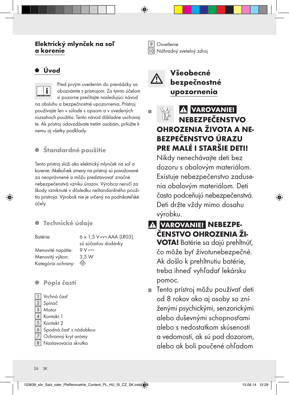 Všeobecné bezpečnostné upozornenia, Varovanie | Silvercrest Z31738/Z31738A/ Z31738B/Z31738C User Manual | Page 26 / 35