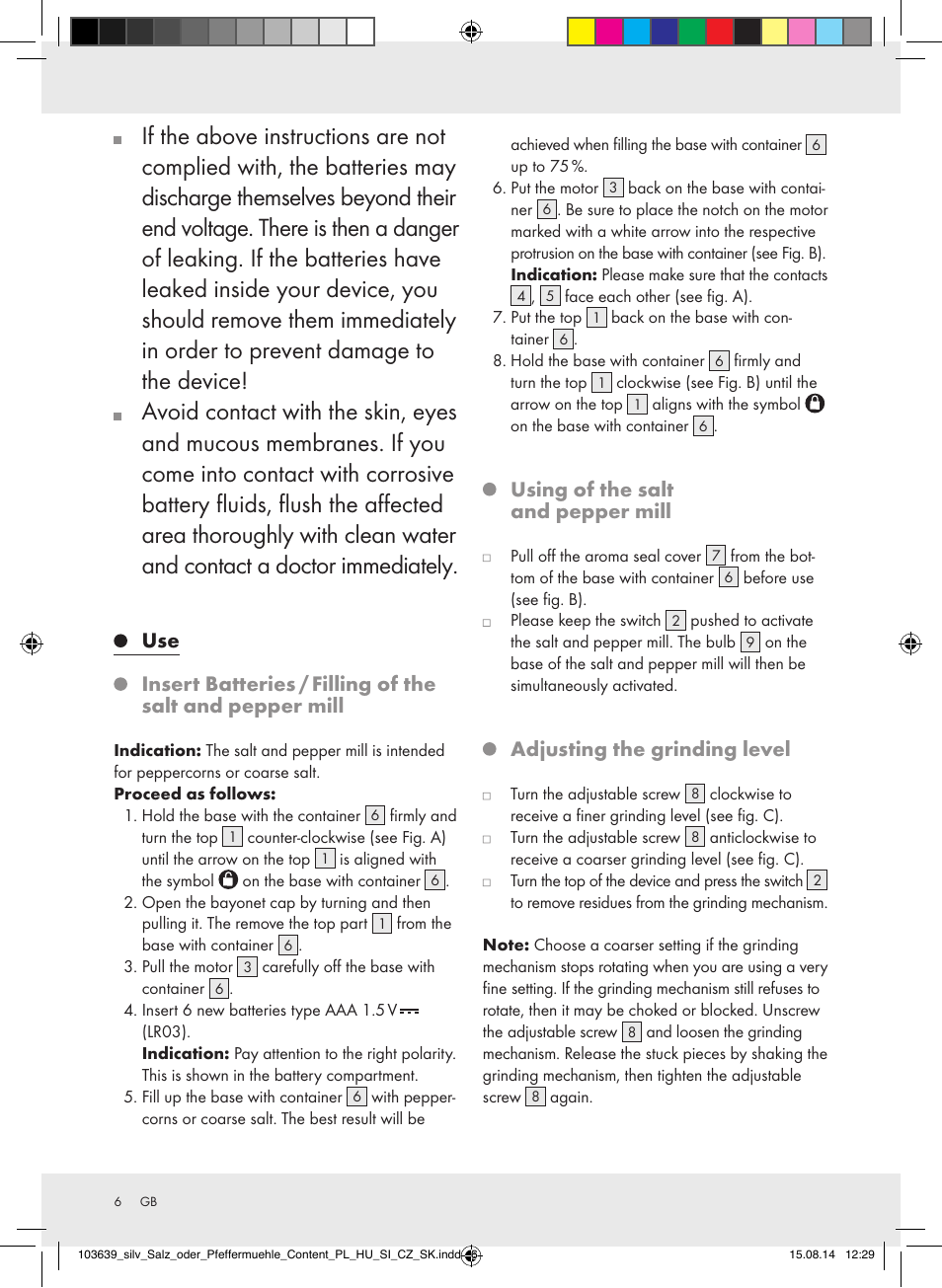 Using of the salt and pepper mill, Adjusting the grinding level | Silvercrest Z31738/Z31738A/ Z31738B/Z31738C User Manual | Page 6 / 35