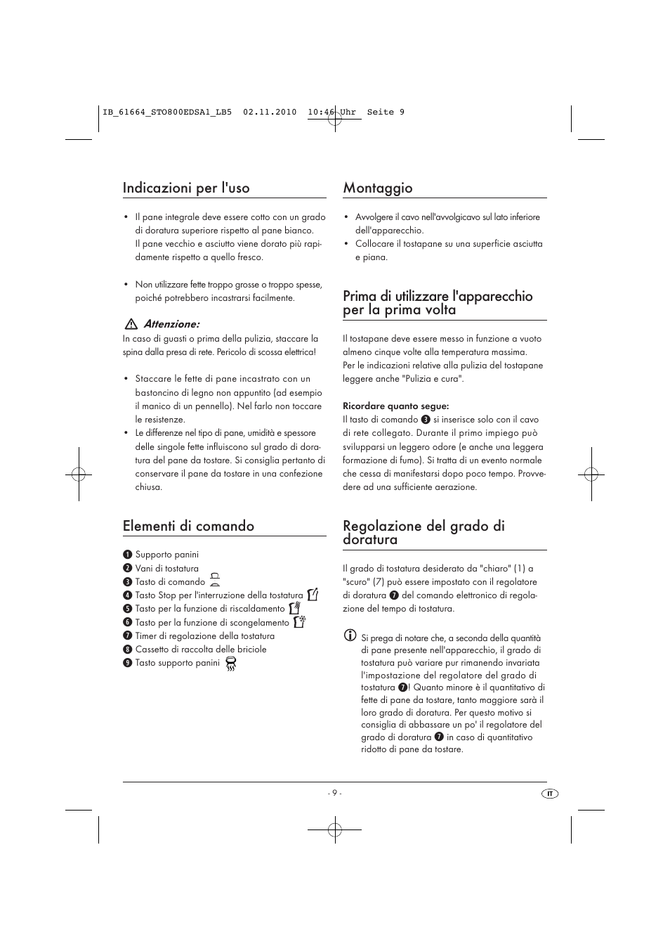Indicazioni per l'uso, Elementi di comando, Montaggio | Regolazione del grado di doratura | Silvercrest STO 800 EDS A1 User Manual | Page 11 / 32