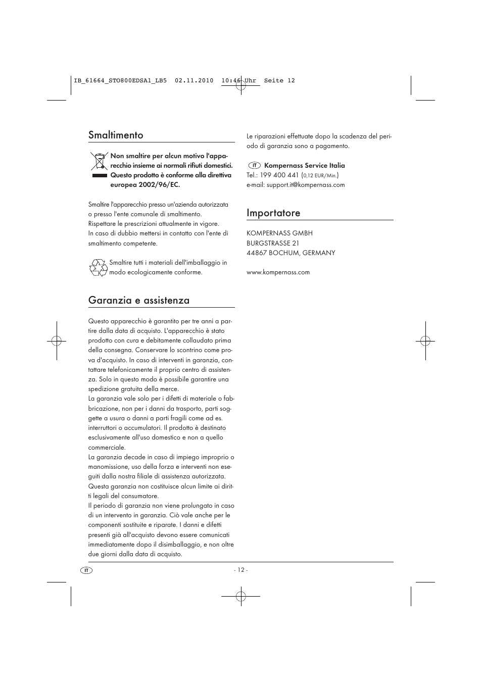 Smaltimento, Garanzia e assistenza, Importatore | Silvercrest STO 800 EDS A1 User Manual | Page 14 / 32