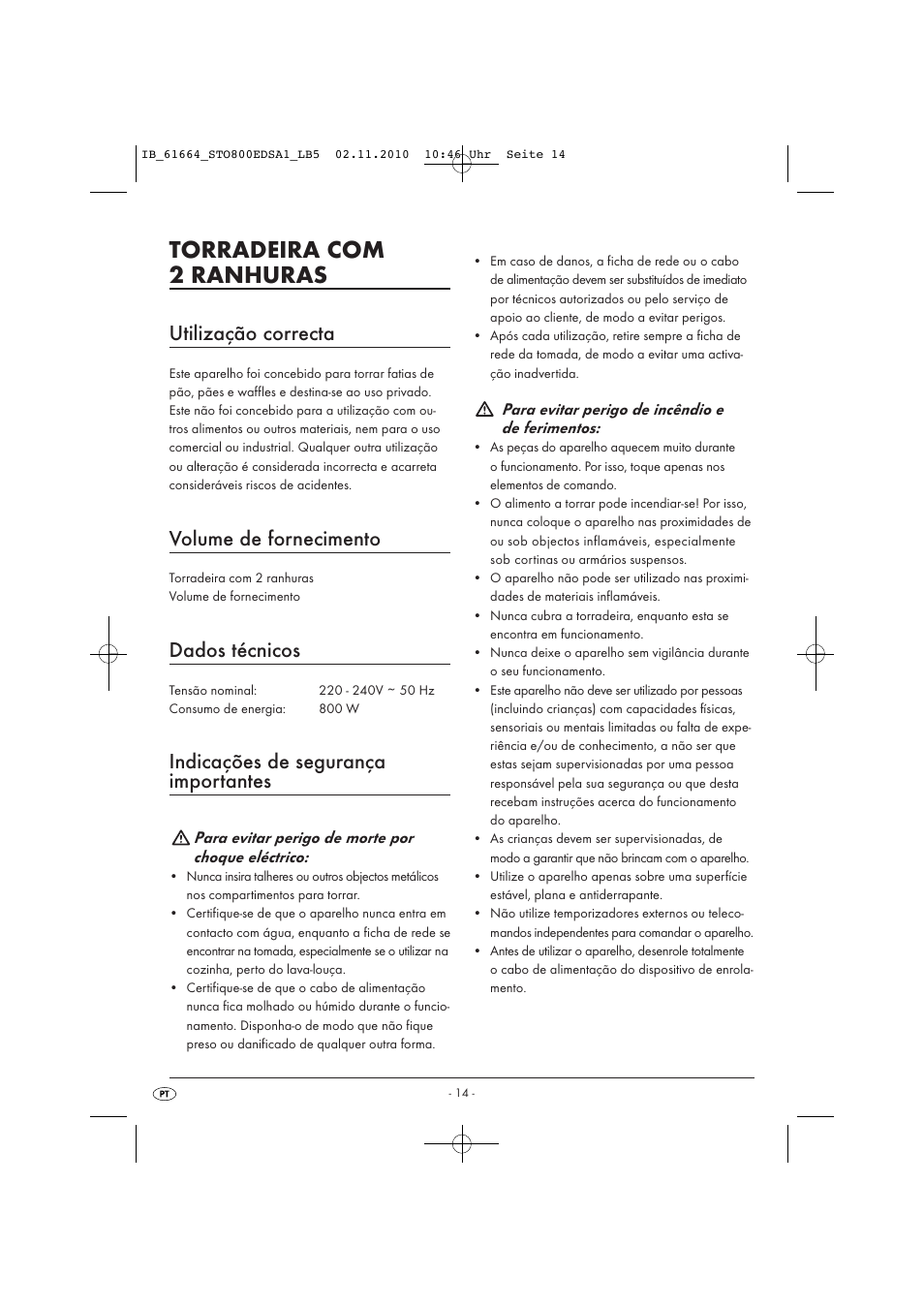 Torradeira com 2 ranhuras, Utilização correcta, Volume de fornecimento | Dados técnicos, Indicações de segurança importantes | Silvercrest STO 800 EDS A1 User Manual | Page 16 / 32