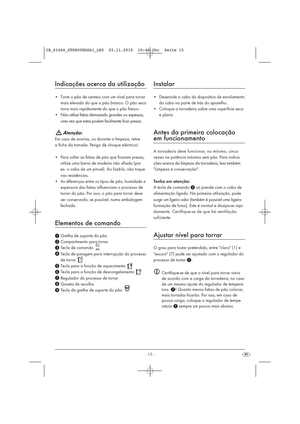 Indicações acerca da utilização, Elementos de comando, Instalar | Antes da primeira colocação em funcionamento, Ajustar nível para torrar | Silvercrest STO 800 EDS A1 User Manual | Page 17 / 32