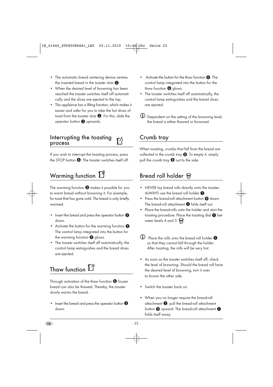 Interrupting the toasting process, Warming function, Thaw function | Crumb tray, Bread roll holder | Silvercrest STO 800 EDS A1 User Manual | Page 24 / 32