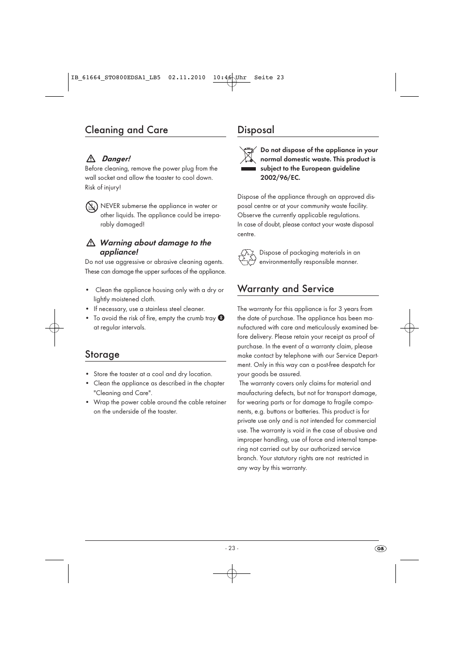 Cleaning and care, Storage, Disposal | Warranty and service | Silvercrest STO 800 EDS A1 User Manual | Page 25 / 32