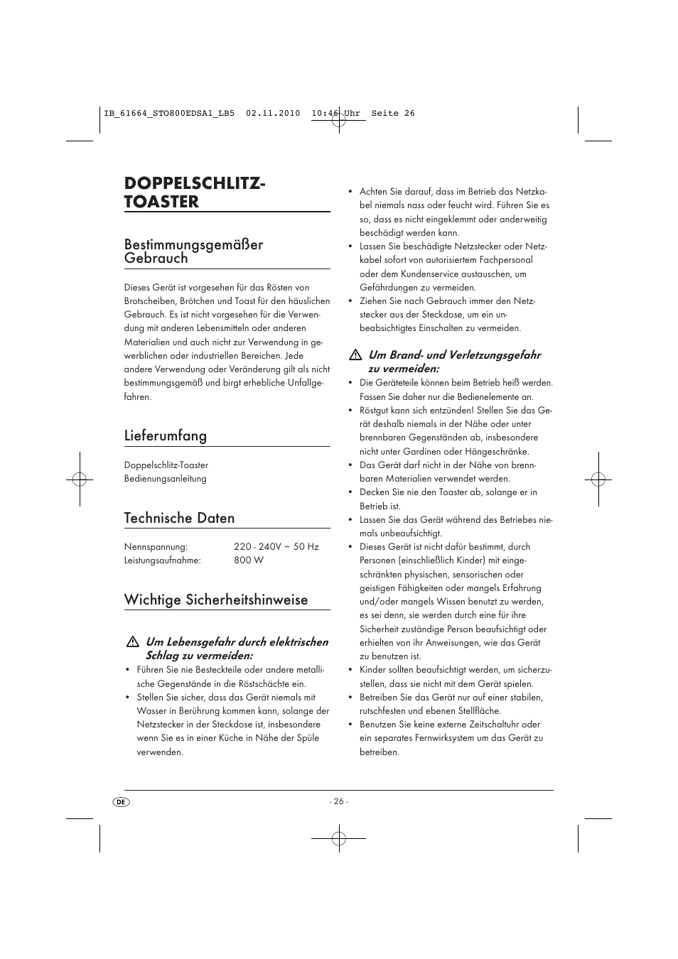Doppelschlitz- toaster, Bestimmungsgemäßer gebrauch, Lieferumfang | Technische daten, Wichtige sicherheitshinweise | Silvercrest STO 800 EDS A1 User Manual | Page 28 / 32
