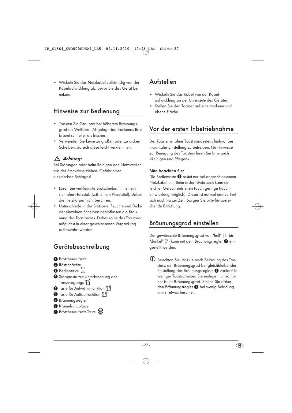 Hinweise zur bedienung, Gerätebeschreibung, Aufstellen | Vor der ersten inbetriebnahme, Bräunungsgrad einstellen | Silvercrest STO 800 EDS A1 User Manual | Page 29 / 32
