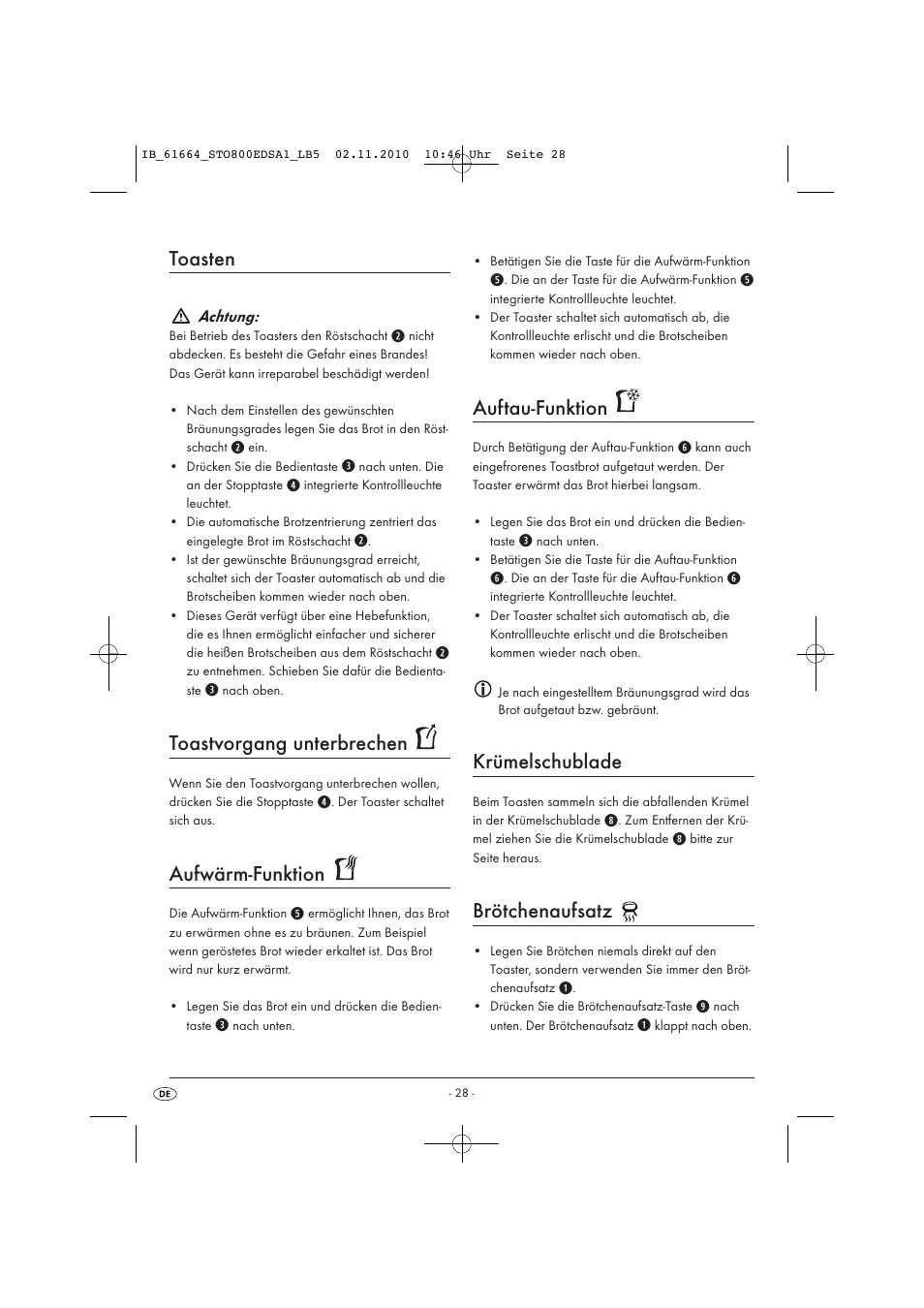 Toasten, Toastvorgang unterbrechen, Aufwärm-funktion | Auftau-funktion, Krümelschublade, Brötchenaufsatz | Silvercrest STO 800 EDS A1 User Manual | Page 30 / 32