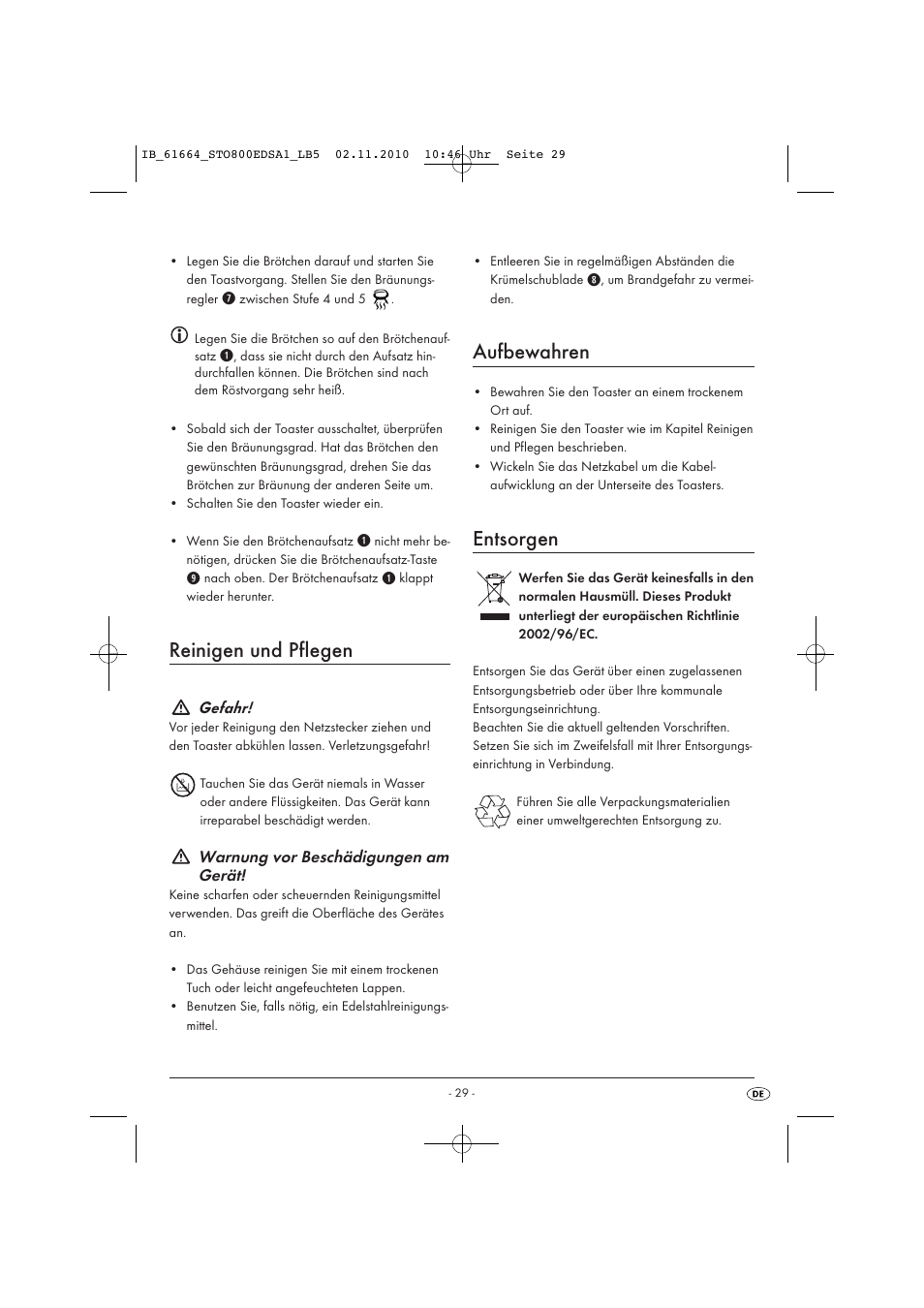 Reinigen und pflegen, Aufbewahren, Entsorgen | Gefahr, Warnung vor beschädigungen am gerät | Silvercrest STO 800 EDS A1 User Manual | Page 31 / 32