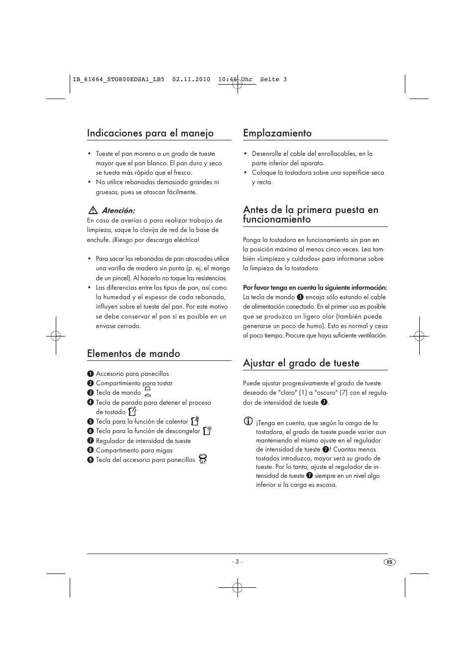 Indicaciones para el manejo, Elementos de mando, Emplazamiento | Antes de la primera puesta en funcionamiento, Ajustar el grado de tueste | Silvercrest STO 800 EDS A1 User Manual | Page 5 / 32