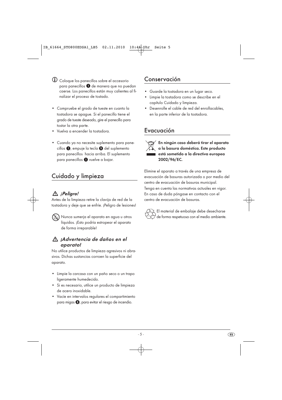 Cuidado y limpieza, Conservación, Evacuación | Silvercrest STO 800 EDS A1 User Manual | Page 7 / 32