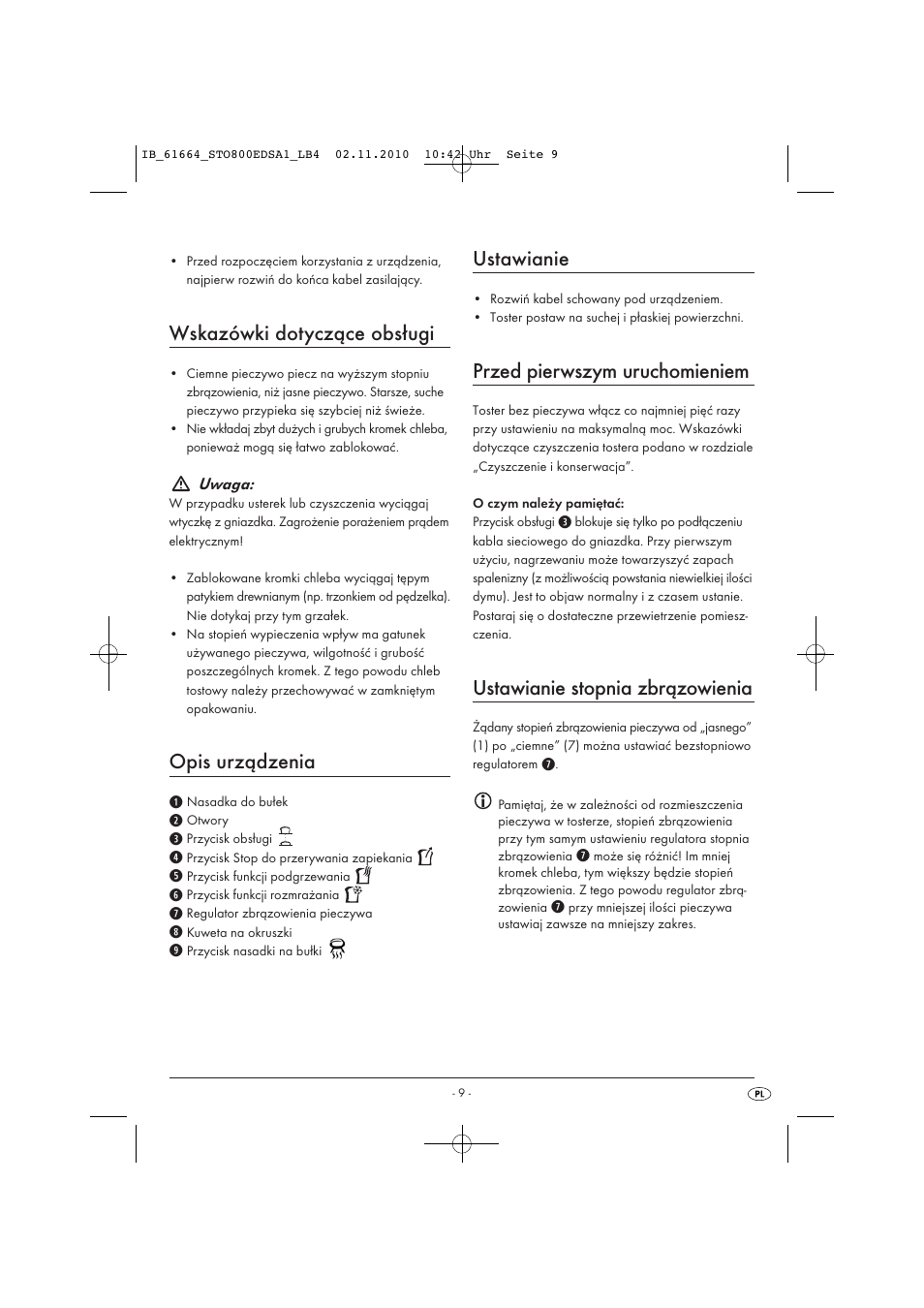 Wskazówki dotyczące obsługi, Opis urządzenia, Ustawianie | Przed pierwszym uruchomieniem, Ustawianie stopnia zbrązowienia | Silvercrest STO 800 EDS A1 User Manual | Page 11 / 38