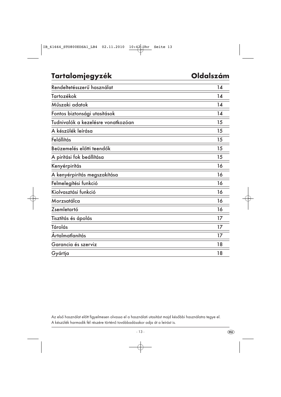 Tartalomjegyzék oldalszám | Silvercrest STO 800 EDS A1 User Manual | Page 15 / 38