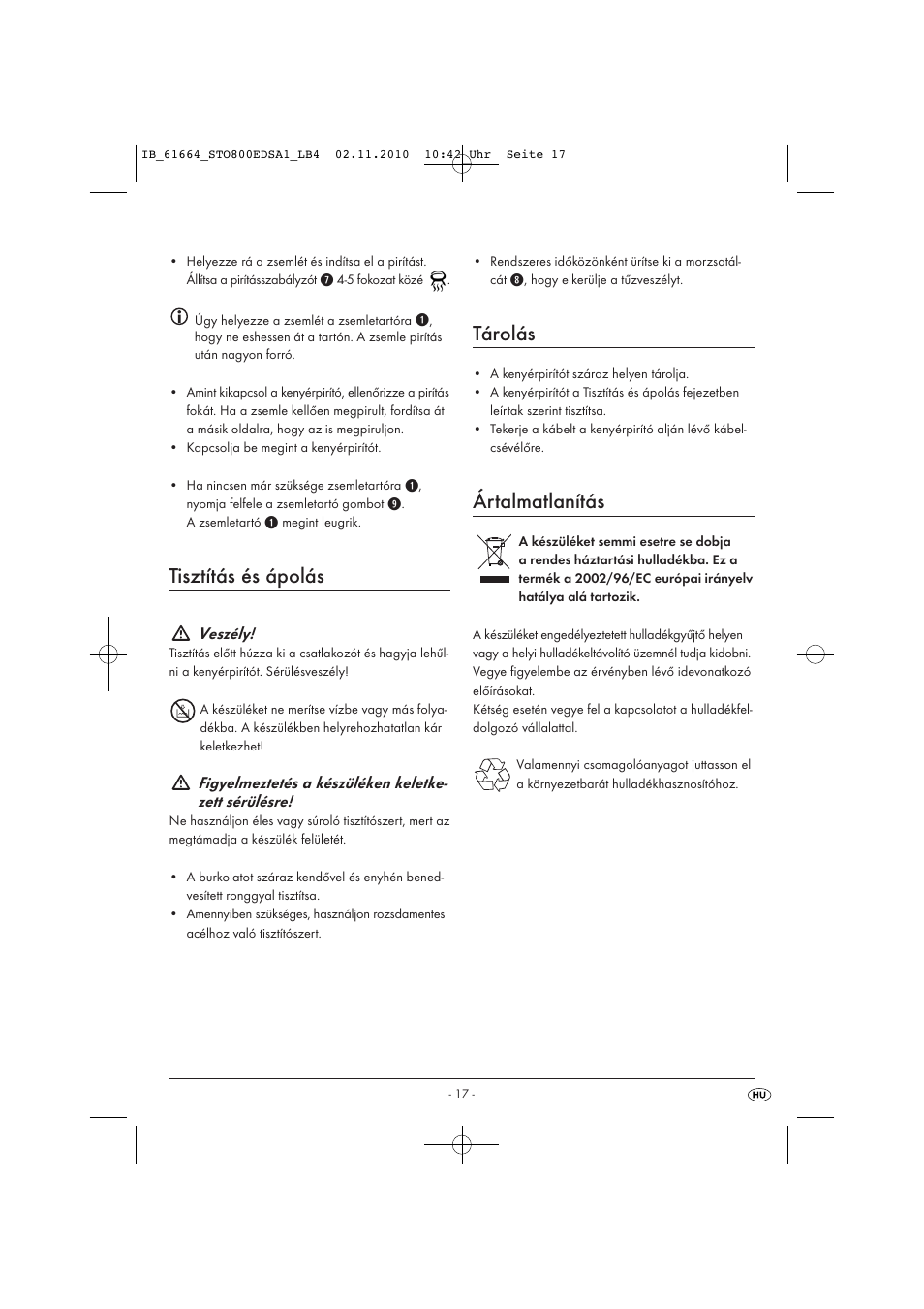 Tisztítás és ápolás, Tárolás, Ártalmatlanítás | Veszély | Silvercrest STO 800 EDS A1 User Manual | Page 19 / 38