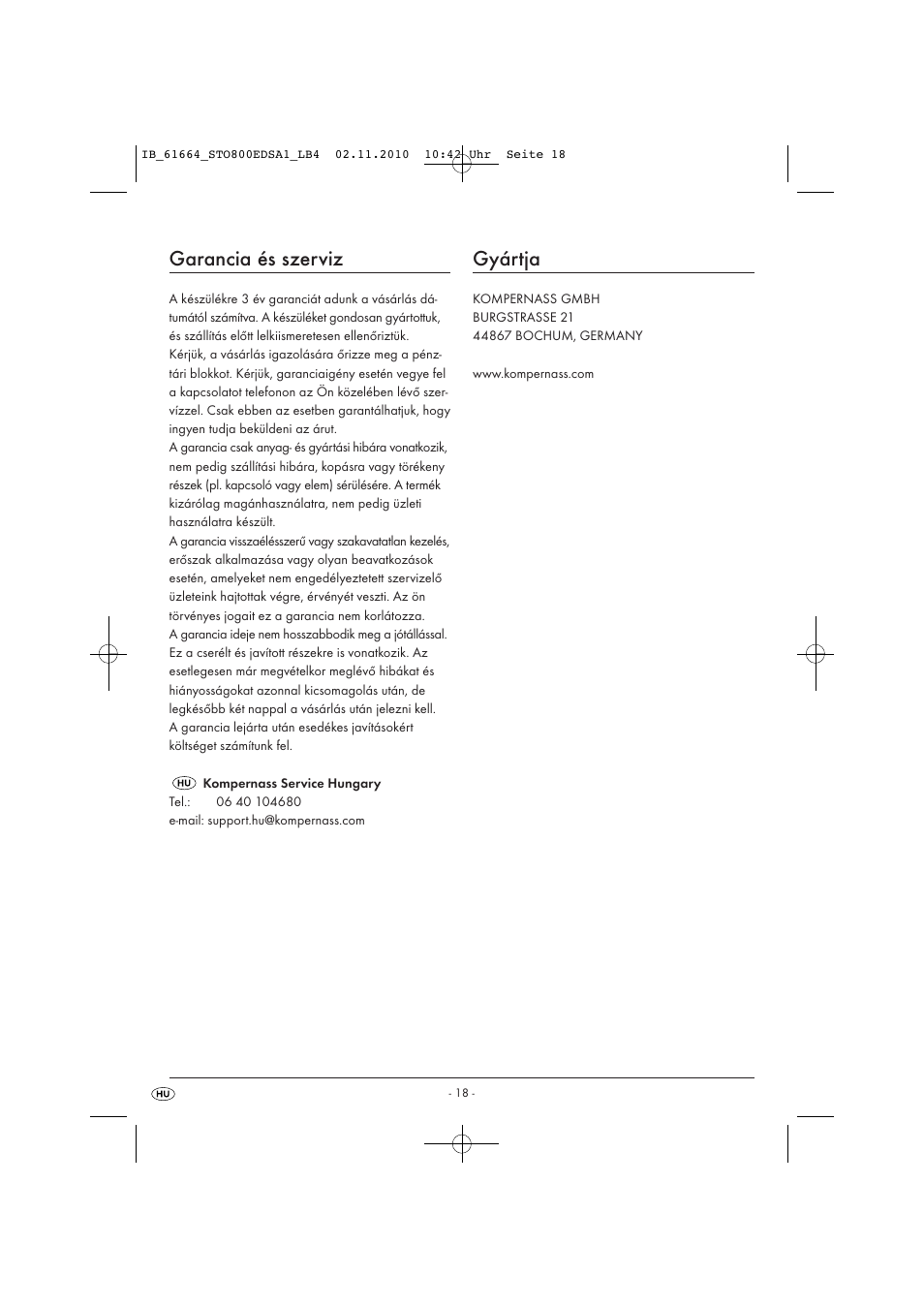 Garancia és szerviz, Gyártja | Silvercrest STO 800 EDS A1 User Manual | Page 20 / 38