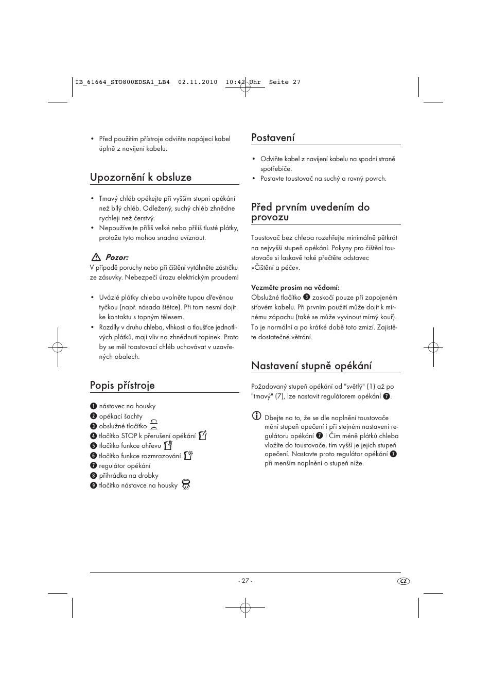 Upozornění k obsluze, Popis přístroje, Postavení | Před prvním uvedením do provozu, Nastavení stupně opékání | Silvercrest STO 800 EDS A1 User Manual | Page 29 / 38