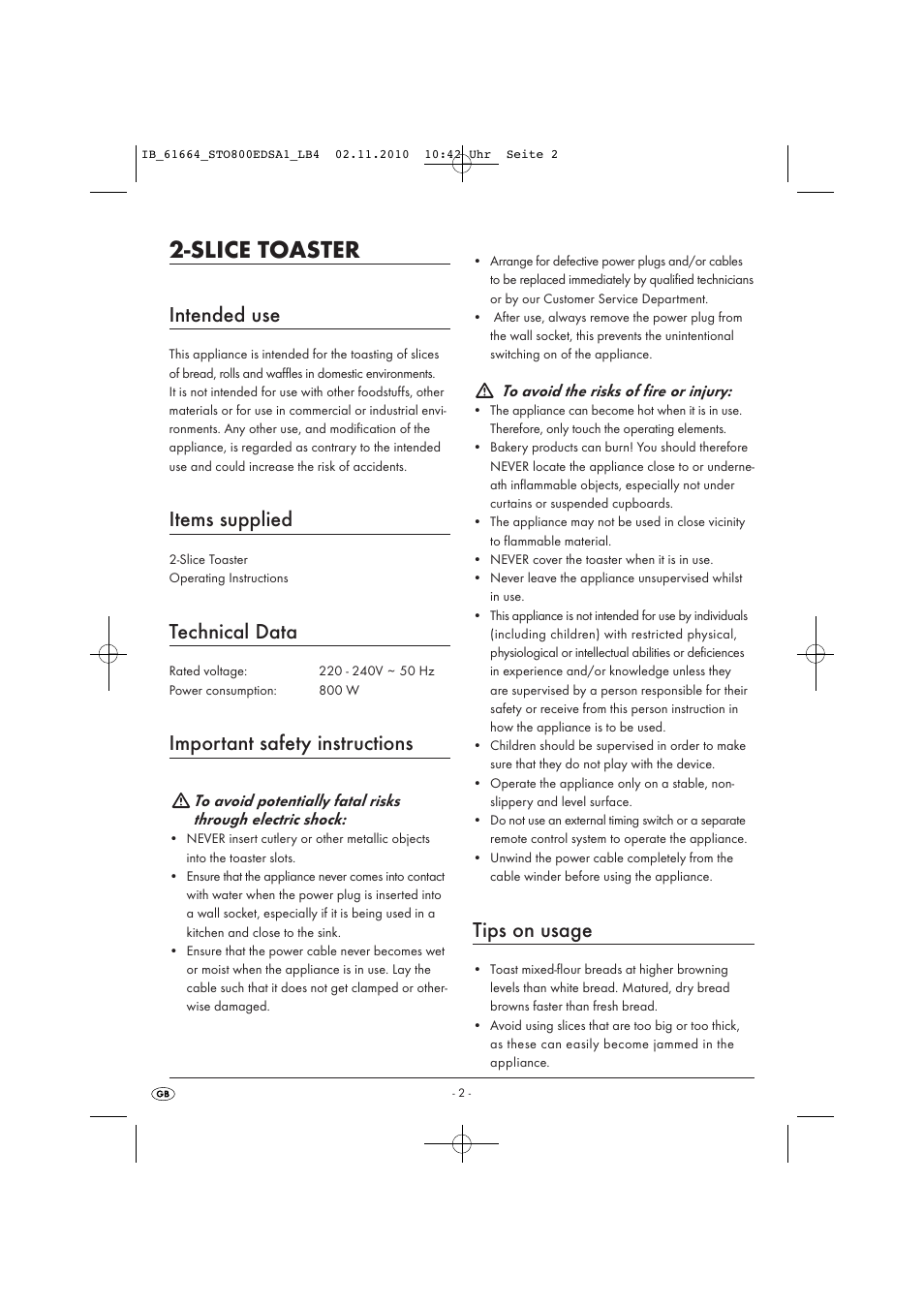 Slice toaster, Intended use, Items supplied | Technical data, Important safety instructions, Tips on usage | Silvercrest STO 800 EDS A1 User Manual | Page 4 / 38