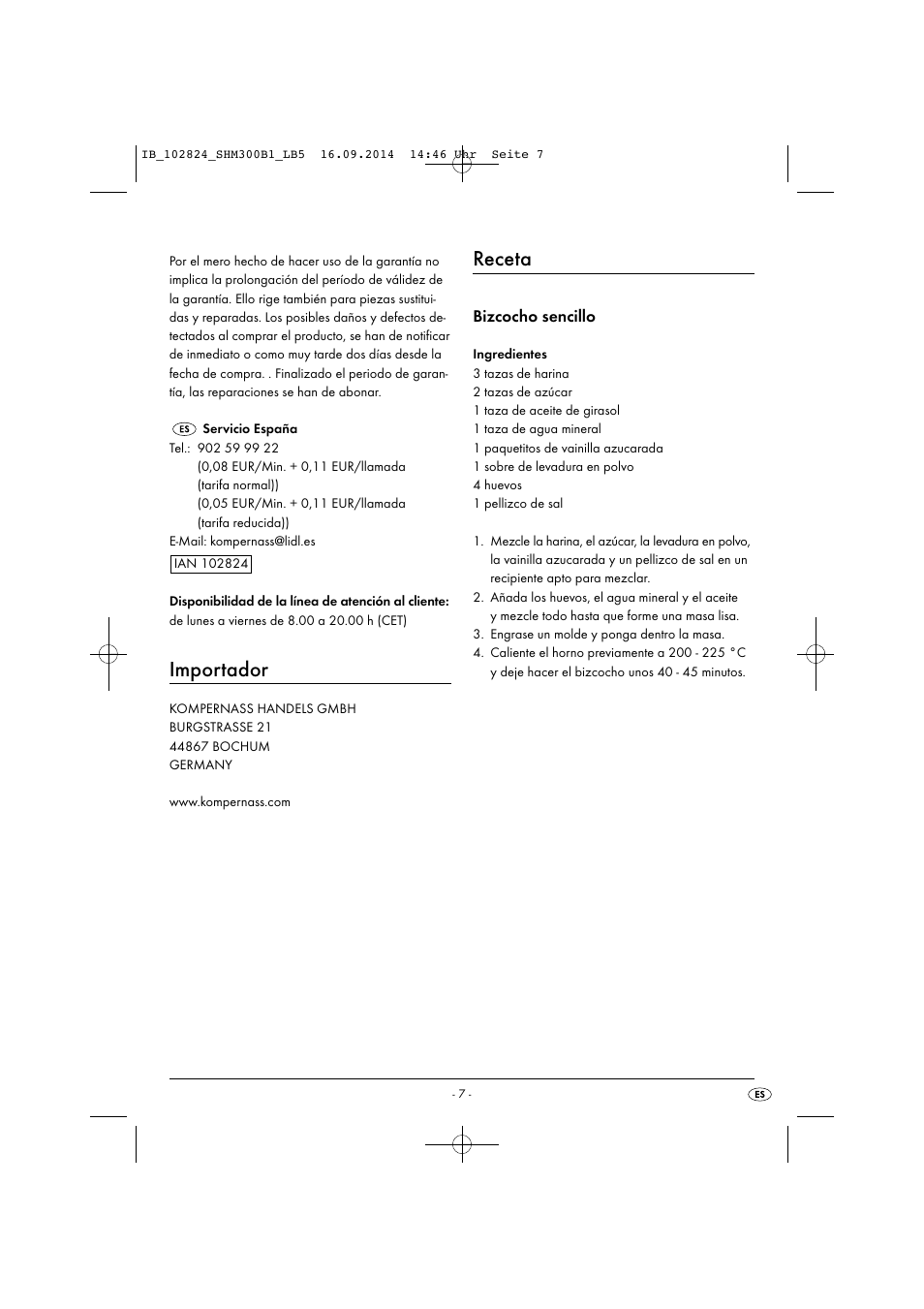 Importador, Receta, Bizcocho sencillo | Silvercrest SHM 300 B1 User Manual | Page 10 / 43