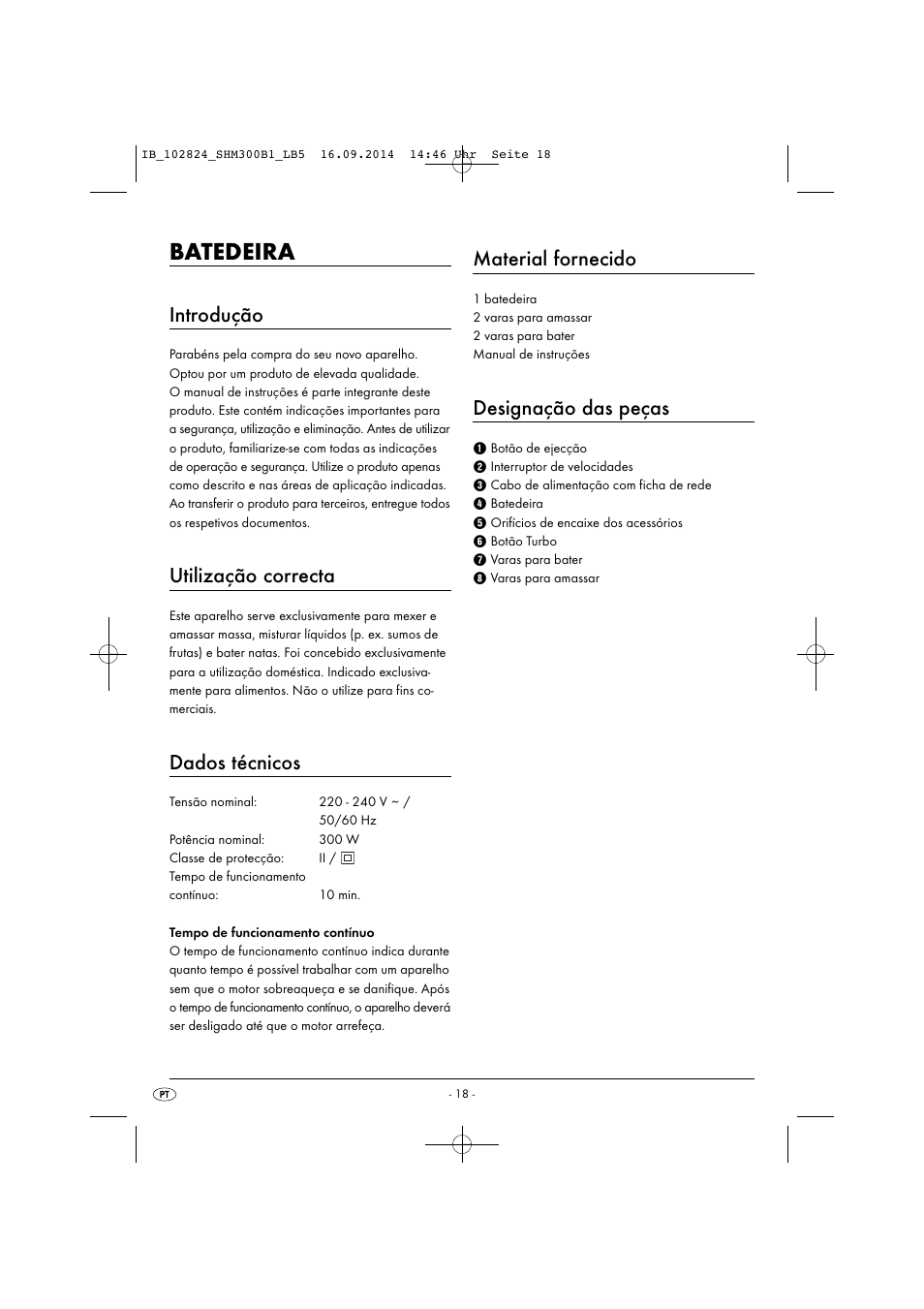 Batedeira, Introdução, Utilização correcta | Dados técnicos, Material fornecido, Designação das peças | Silvercrest SHM 300 B1 User Manual | Page 21 / 43
