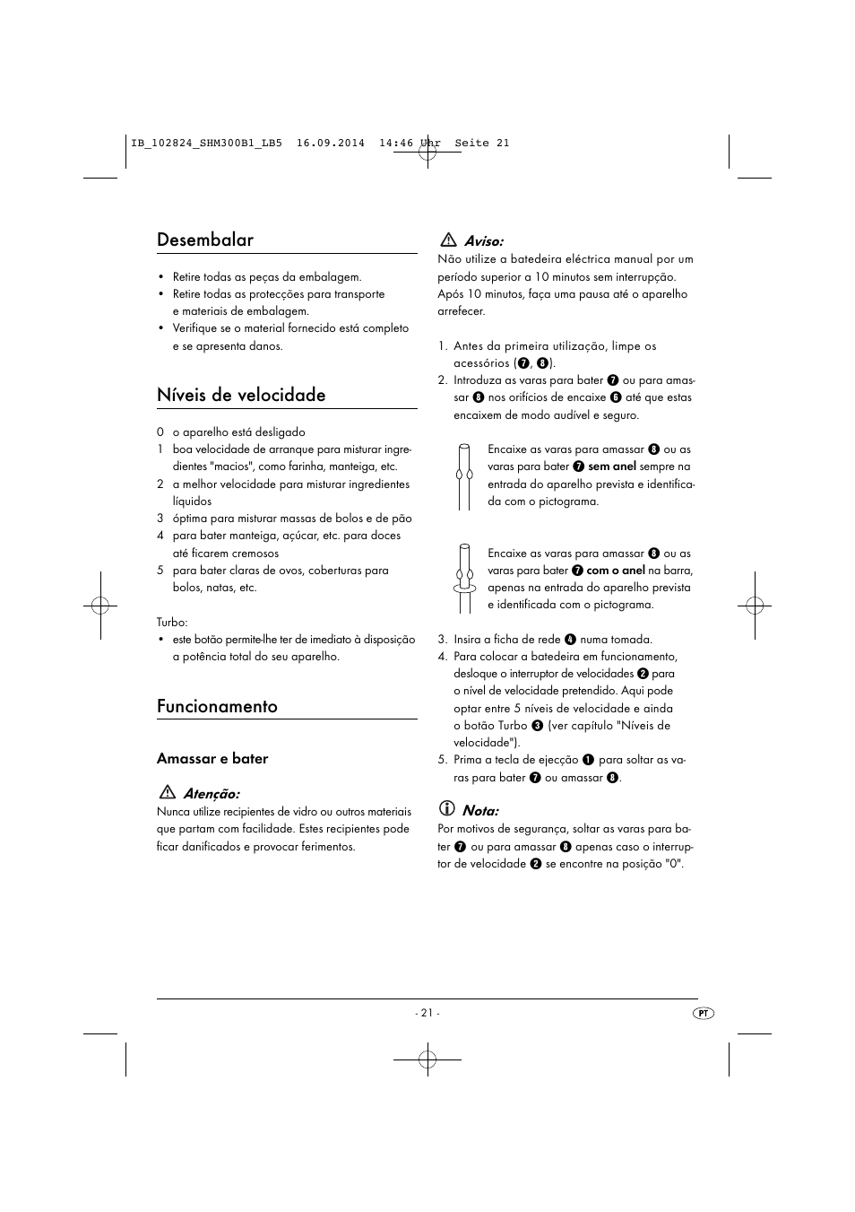 Desembalar, Níveis de velocidade, Funcionamento | Amassar e bater atenção, Aviso, Nota | Silvercrest SHM 300 B1 User Manual | Page 24 / 43