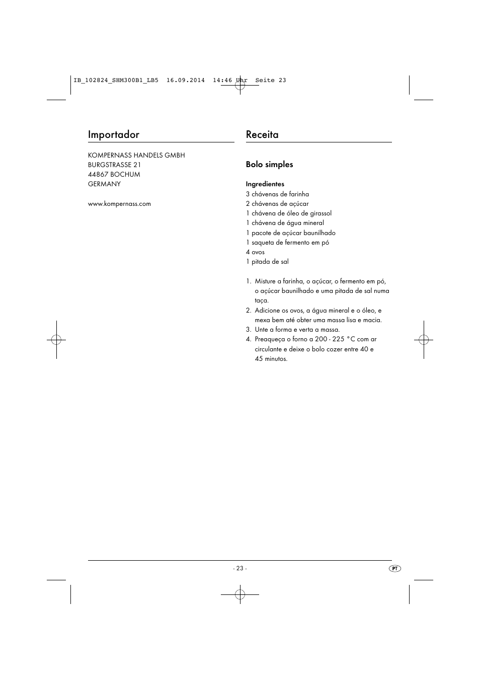 Importador, Receita | Silvercrest SHM 300 B1 User Manual | Page 26 / 43