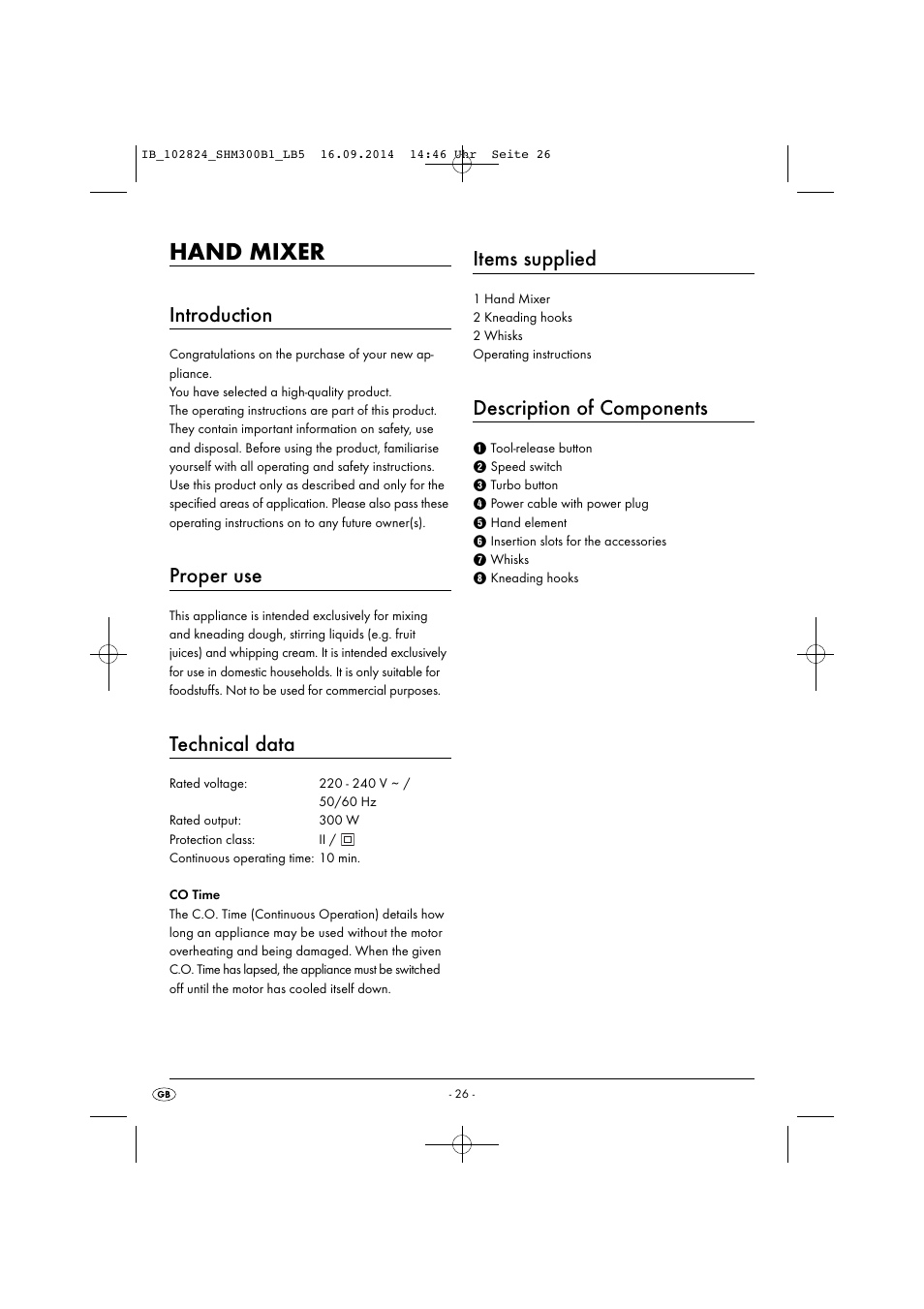 Hand mixer, Introduction, Proper use | Technical data, Items supplied, Description of components | Silvercrest SHM 300 B1 User Manual | Page 29 / 43