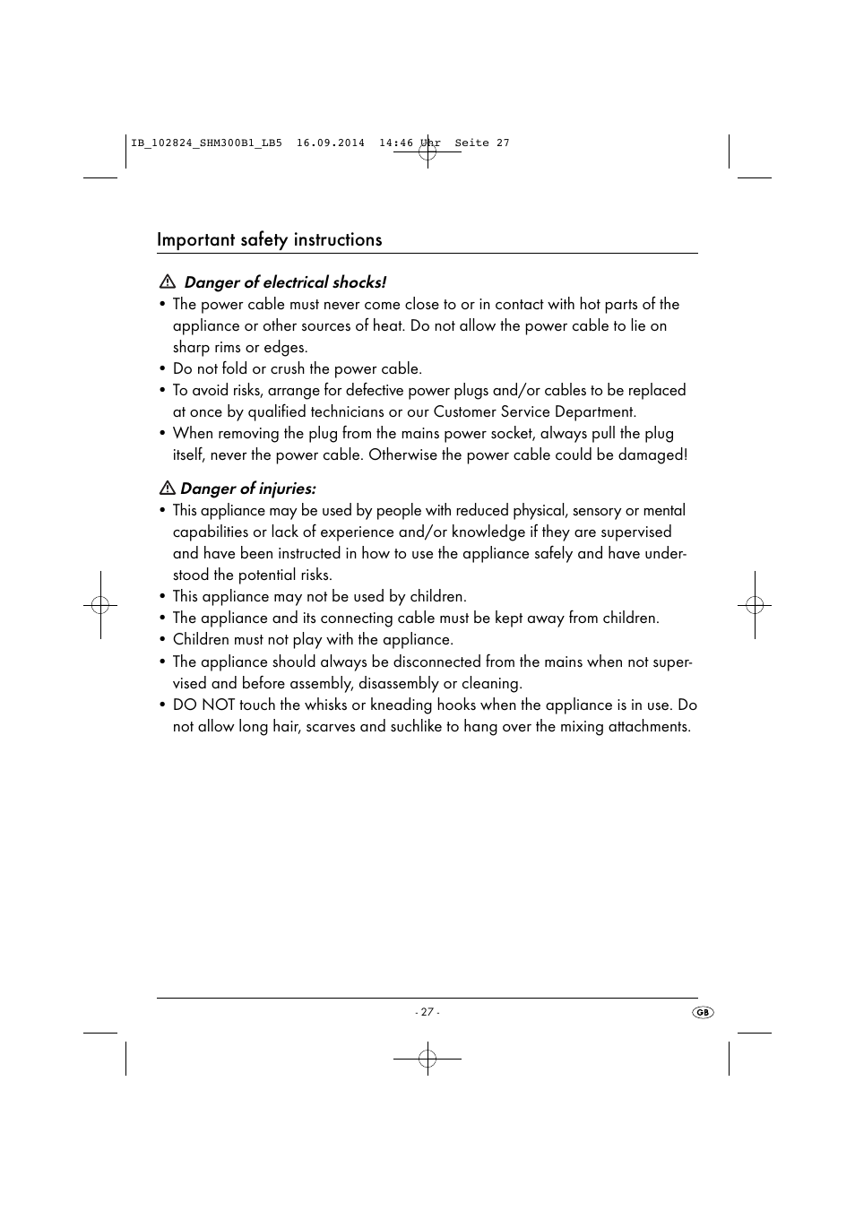 Important safety instructions | Silvercrest SHM 300 B1 User Manual | Page 30 / 43