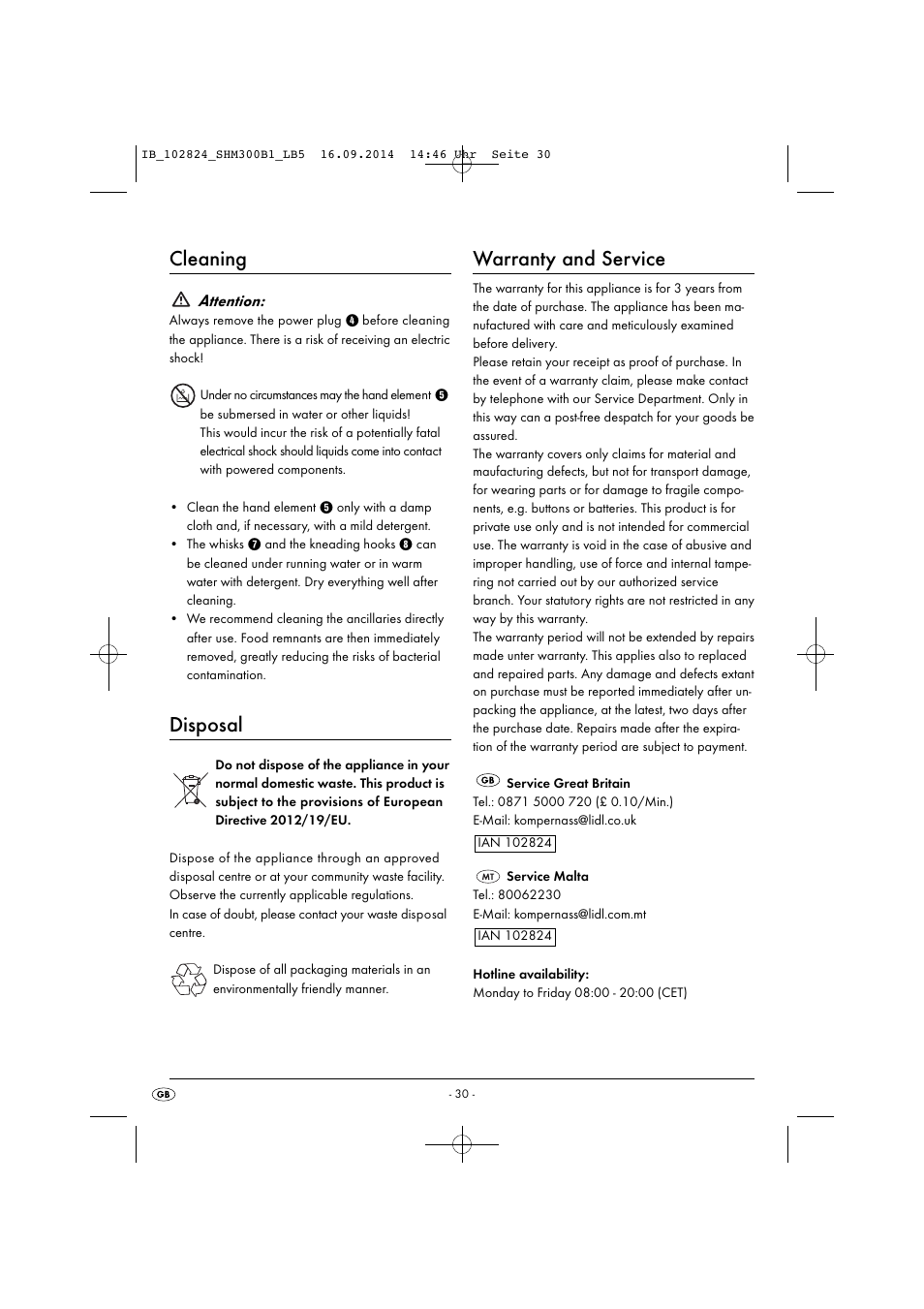 Cleaning, Disposal, Warranty and service | Attention | Silvercrest SHM 300 B1 User Manual | Page 33 / 43