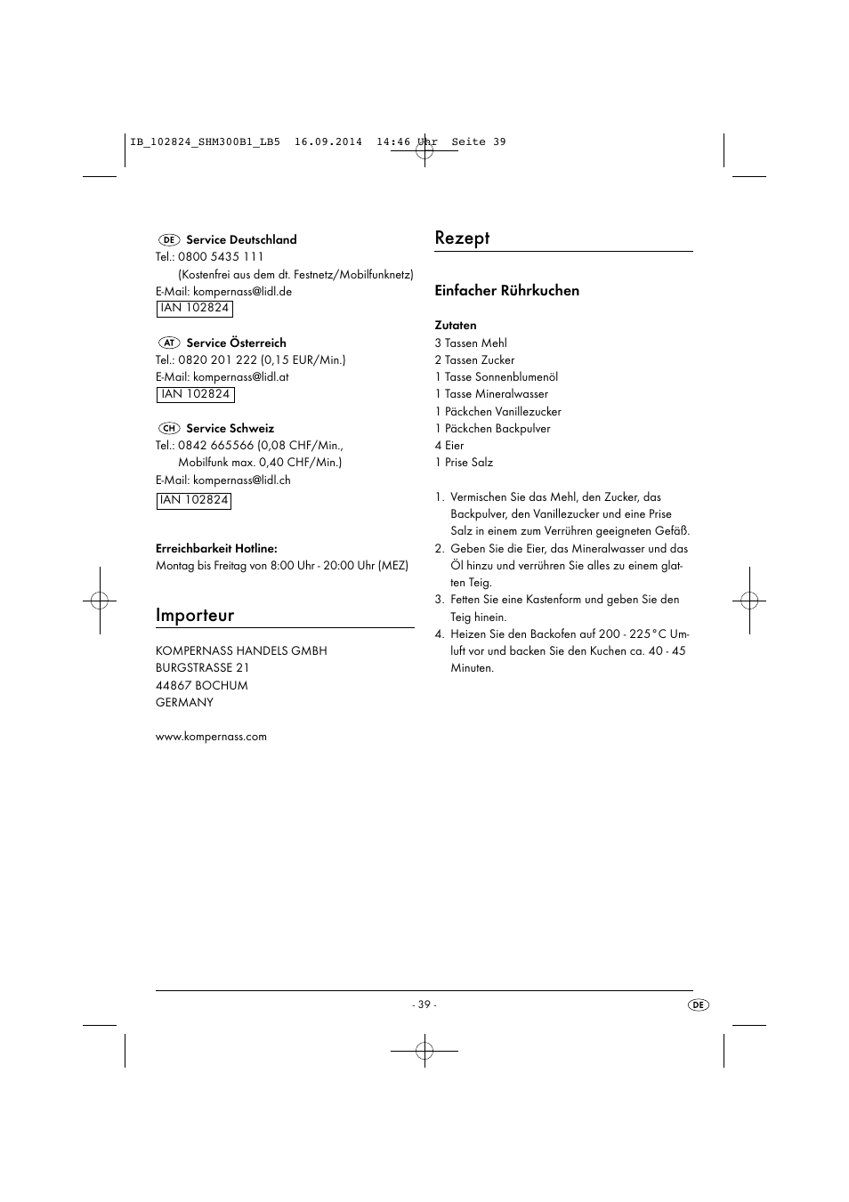 Importeur, Rezept, Einfacher rührkuchen | Silvercrest SHM 300 B1 User Manual | Page 42 / 43