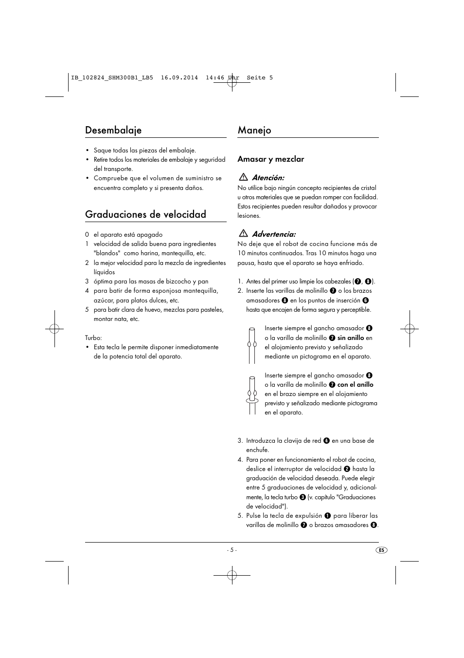Desembalaje, Graduaciones de velocidad, Manejo | Amasar y mezclar atención, Advertencia | Silvercrest SHM 300 B1 User Manual | Page 8 / 43
