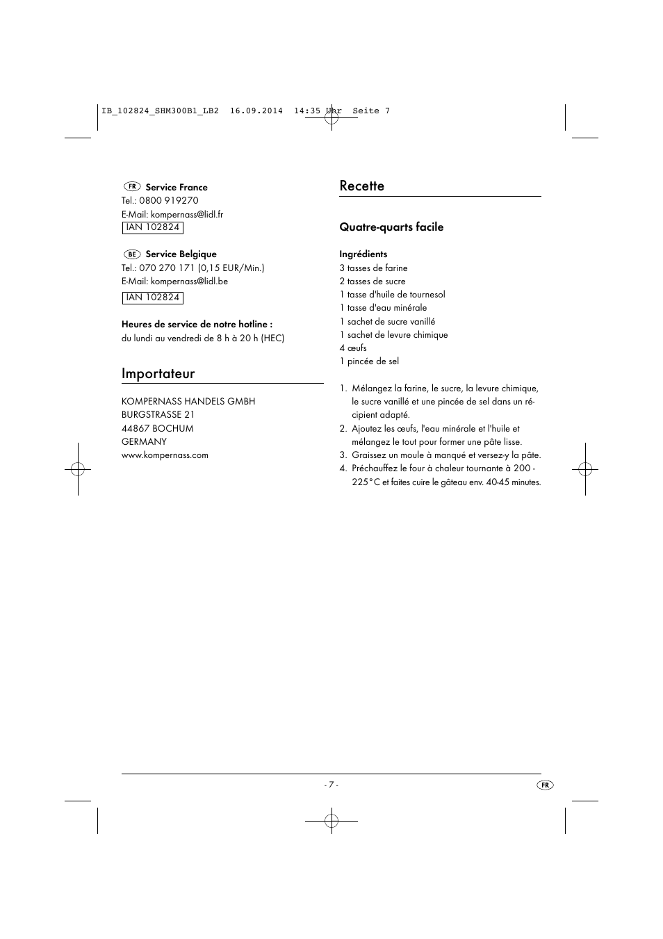 Importateur, Recette, Quatre-quarts facile | Silvercrest SHM 300 B1 User Manual | Page 10 / 27