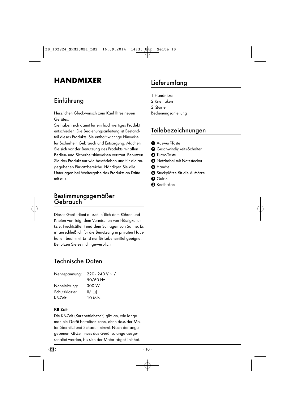 Handmixer, Einführung, Bestimmungsgemäßer gebrauch | Technische daten, Lieferumfang, Teilebezeichnungen | Silvercrest SHM 300 B1 User Manual | Page 13 / 27
