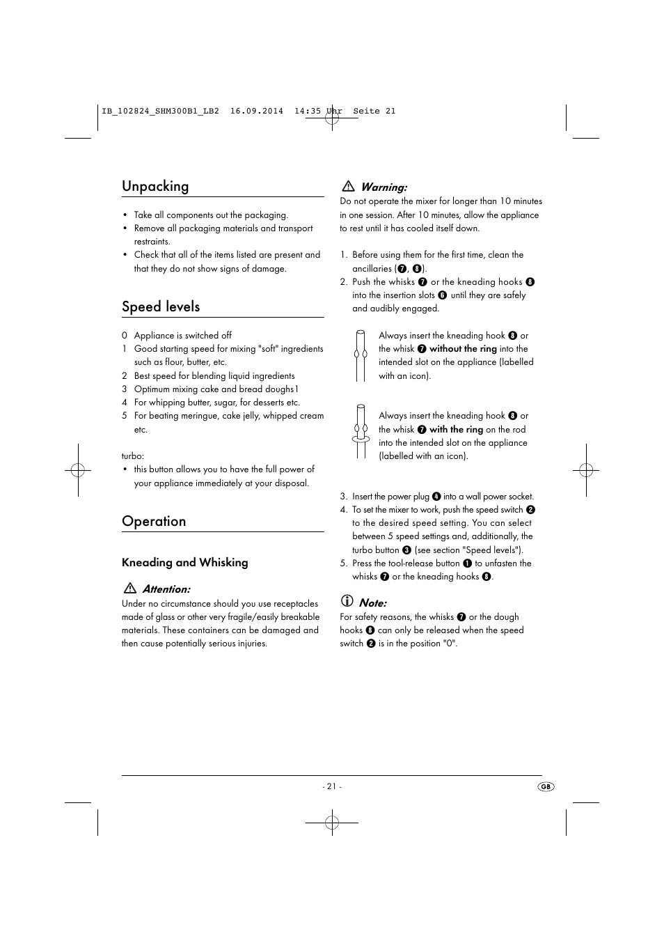 Unpacking, Speed levels, Operation | Kneading and whisking attention, Warning | Silvercrest SHM 300 B1 User Manual | Page 24 / 27