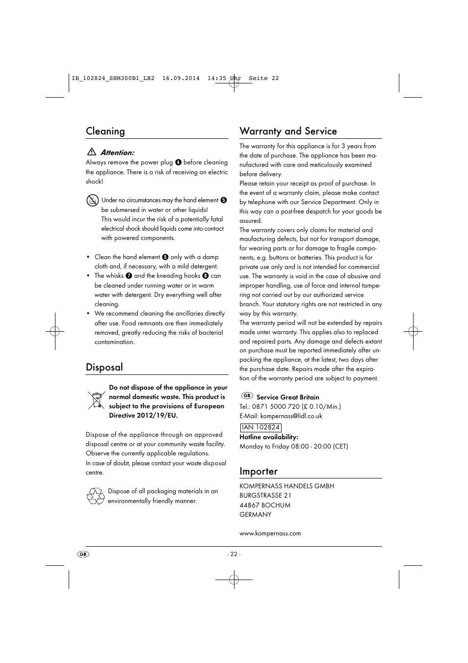 Cleaning, Disposal, Warranty and service | Importer | Silvercrest SHM 300 B1 User Manual | Page 25 / 27