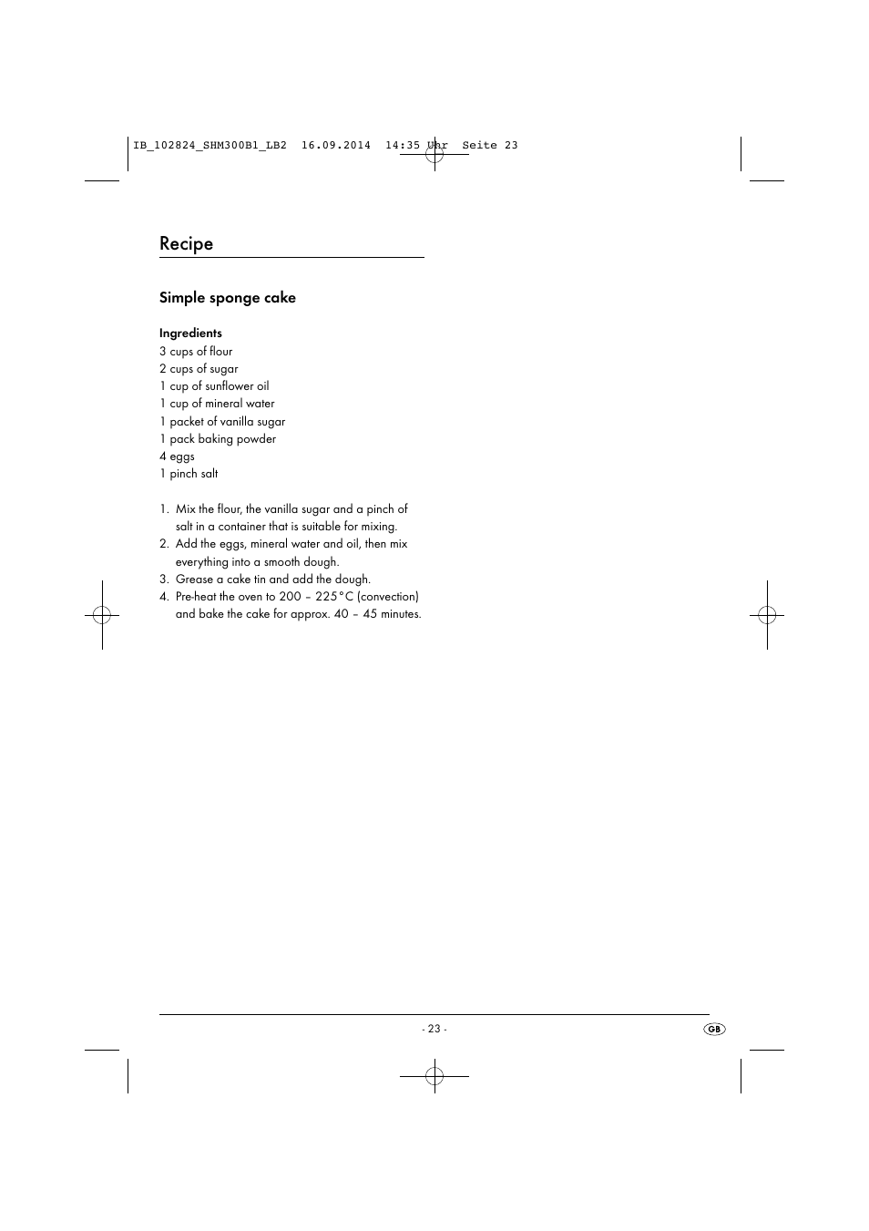 Recipe, Simple sponge cake | Silvercrest SHM 300 B1 User Manual | Page 26 / 27