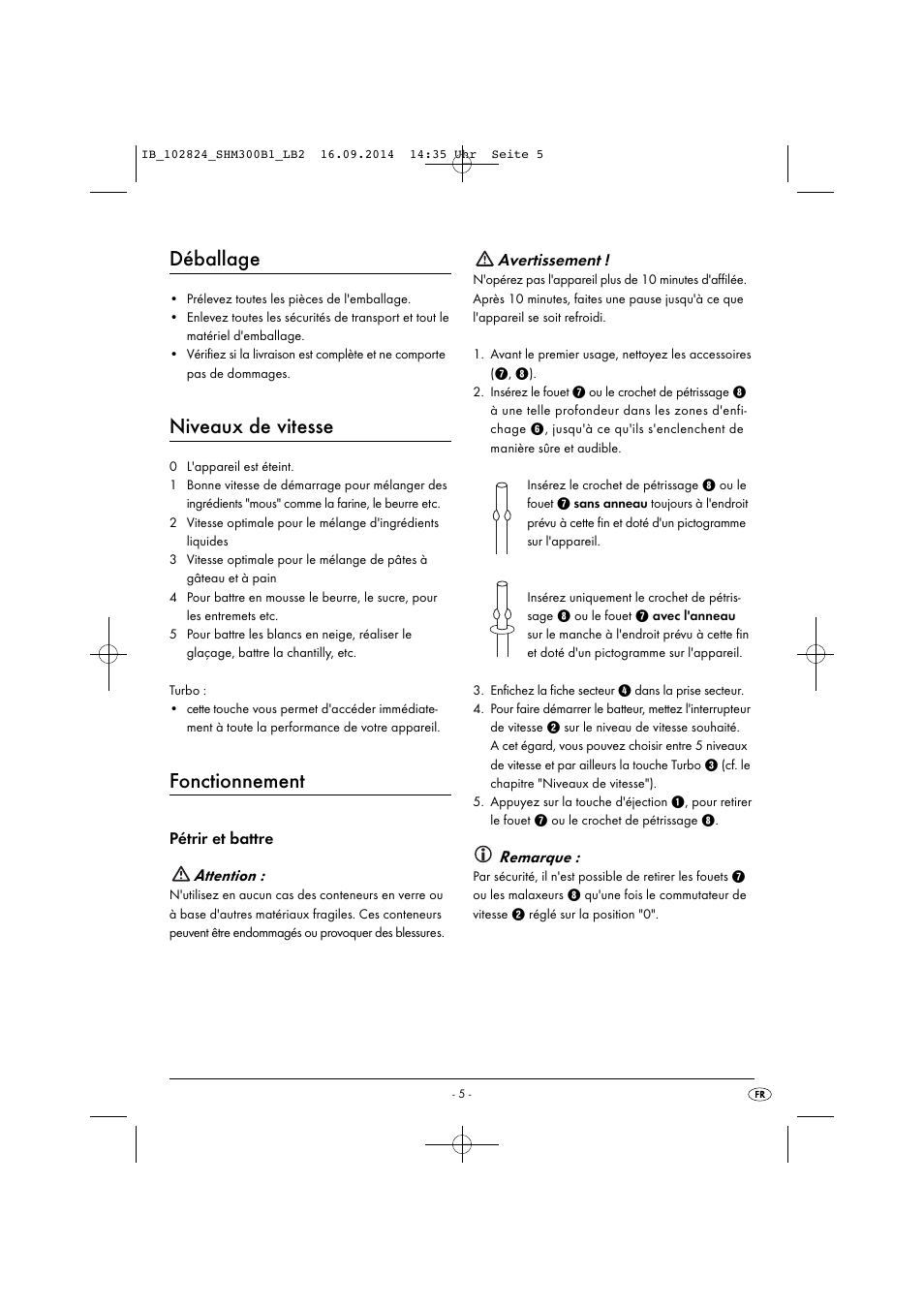 Déballage, Niveaux de vitesse, Fonctionnement | Pétrir et battre attention, Avertissement, Remarque | Silvercrest SHM 300 B1 User Manual | Page 8 / 27