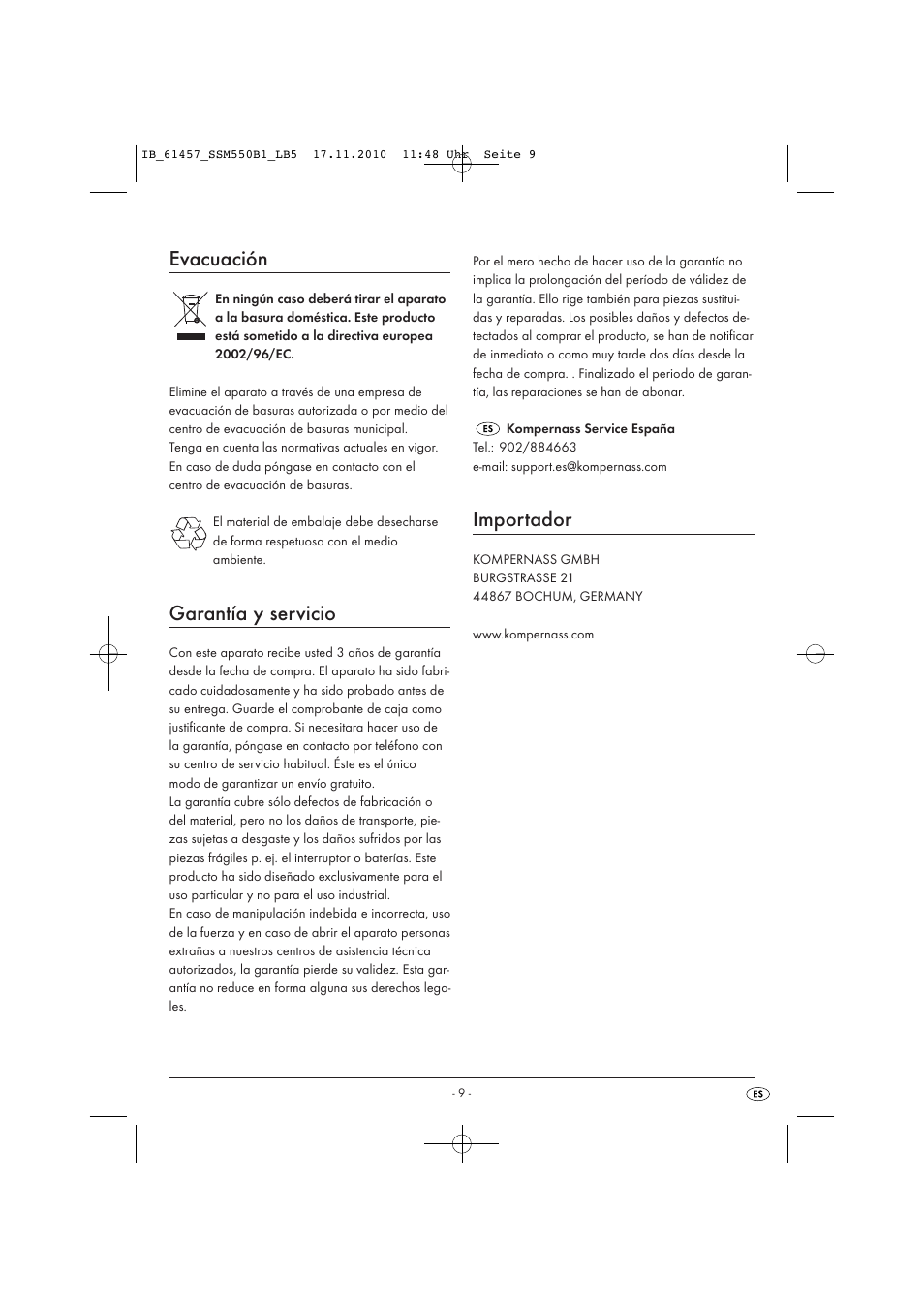 Evacuación, Garantía y servicio, Importador | Silvercrest SSM 550 B1 User Manual | Page 11 / 52