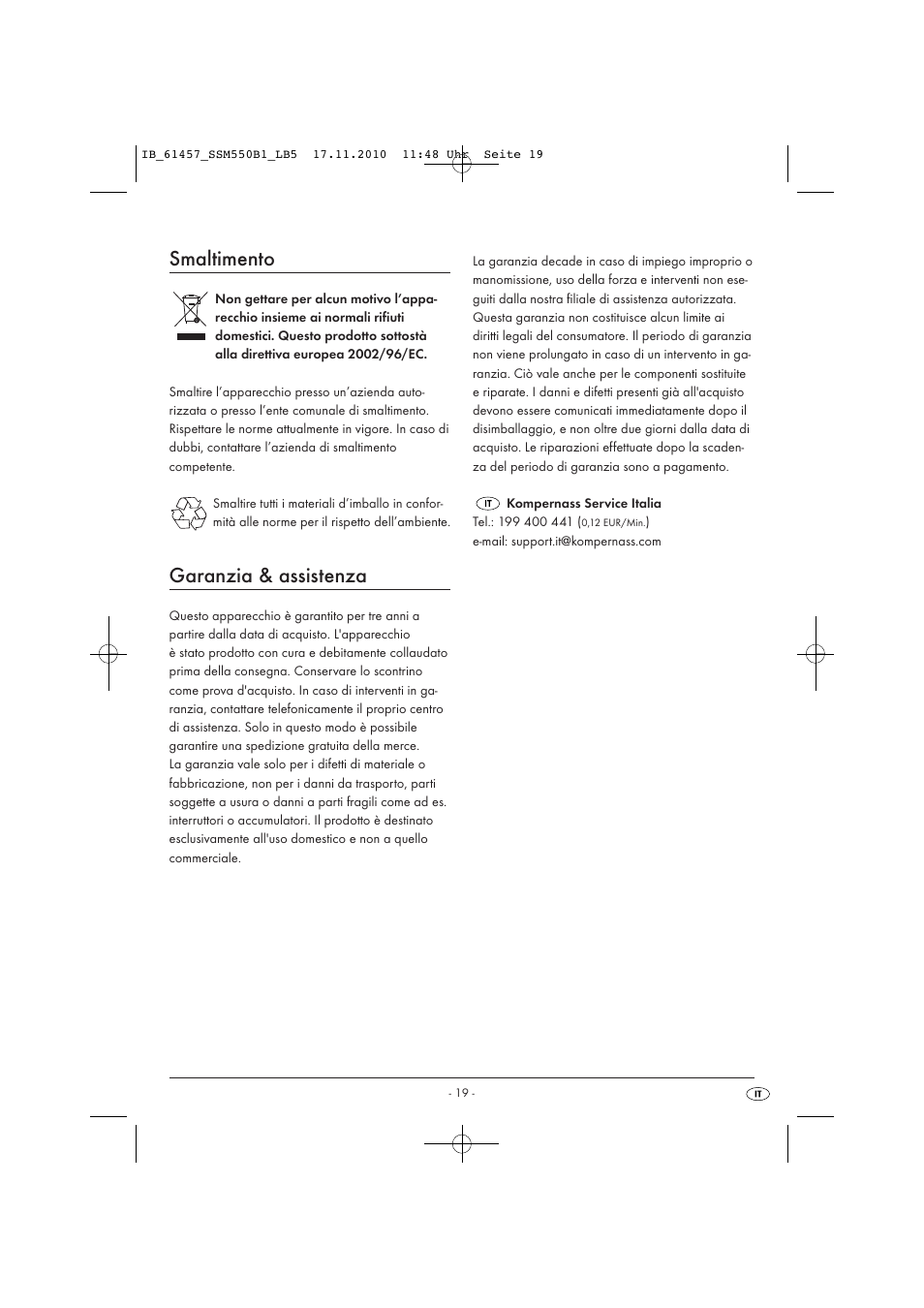 Smaltimento, Garanzia & assistenza | Silvercrest SSM 550 B1 User Manual | Page 21 / 52