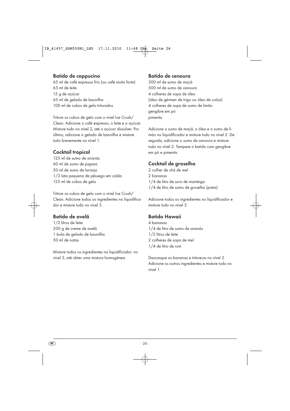 Batido de cappucino, Cocktail tropical, Batido de avelã | Batido de cenoura, Cocktail de groselha, Batido hawaii | Silvercrest SSM 550 B1 User Manual | Page 28 / 52