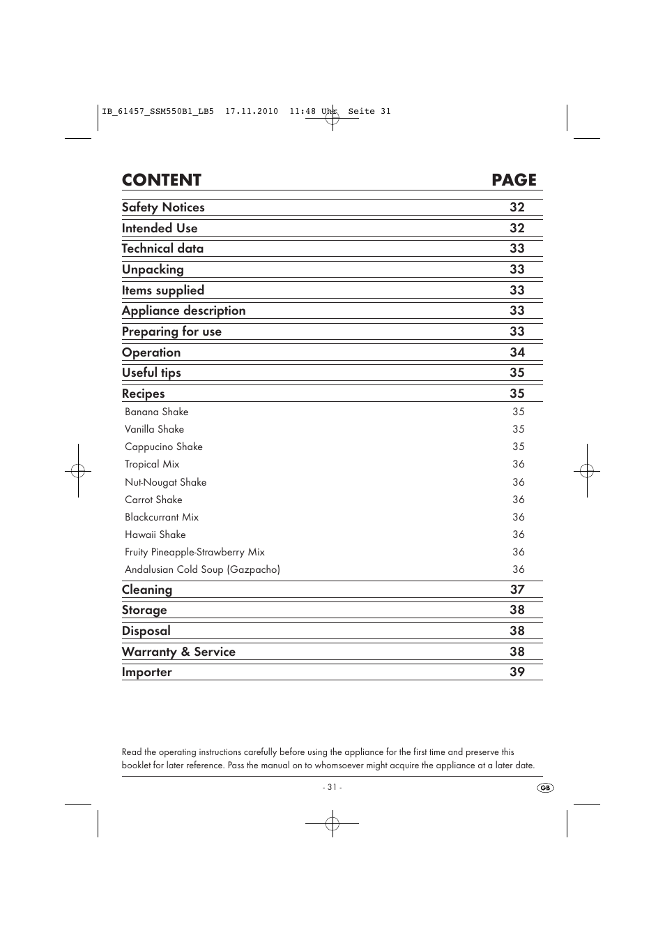 Content page | Silvercrest SSM 550 B1 User Manual | Page 33 / 52