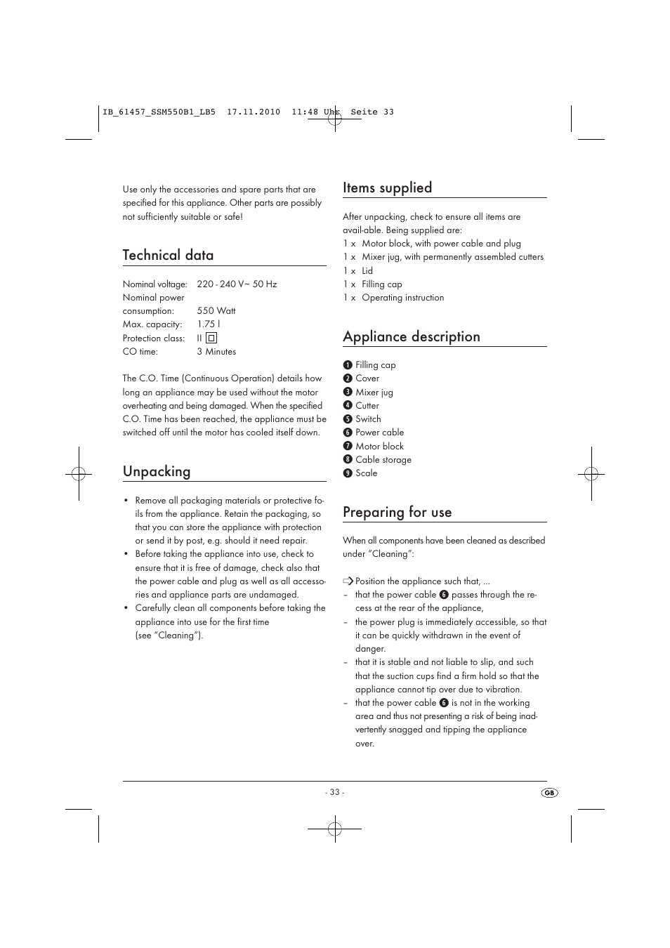 Technical data, Unpacking, Items supplied | Appliance description, Preparing for use | Silvercrest SSM 550 B1 User Manual | Page 35 / 52